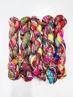 Maker's Craft Recycled Vintage Metallic Zari Sari Silk Ribbon Yarn 30 Yards, 100 Grams for DIY Knitting Crocheting Gift Wrapping, Christmas Decoration, Macrame Makers, Jewelry Making, Rugs Hooking
