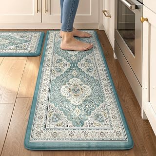 Collive Kitchen Rugs Sets of 2 Non Slip Washable, 17.3"x29"+17.3"x47" | Non Slip Washable Kitchen Runner Floor Mat, Padded Comfort Standing Mats, Light Blue Waterproof Sink Rugs for Bathroom Decor