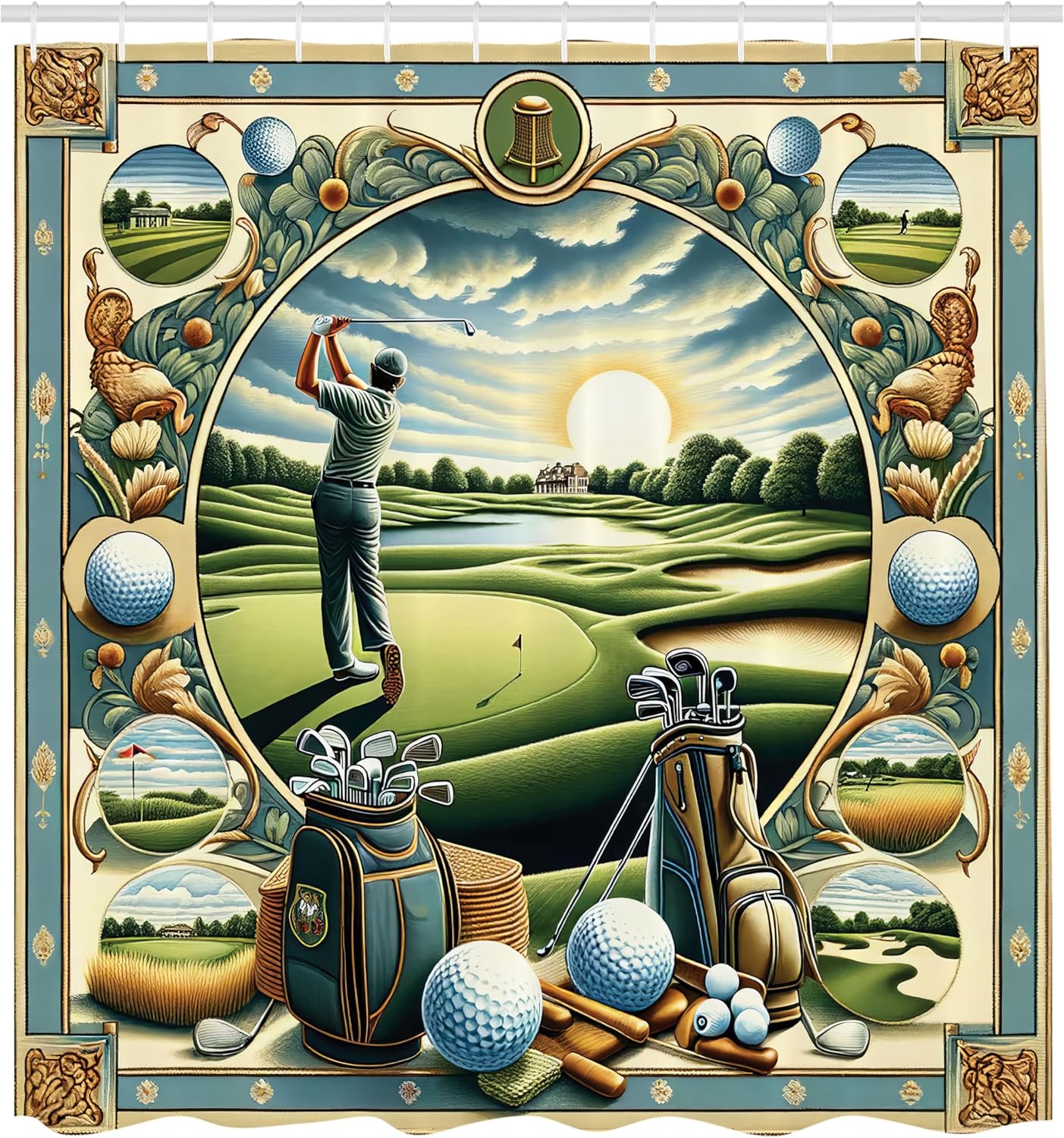 Ambesonne Golf Themed Shower Curtain, Hobby Concept Classicism Style Painting Effect Hills Sunrise, Cloth Fabric Bathroom Decor Set with Hooks, 69" W x 84" L, Fern Green Blue and Mustard