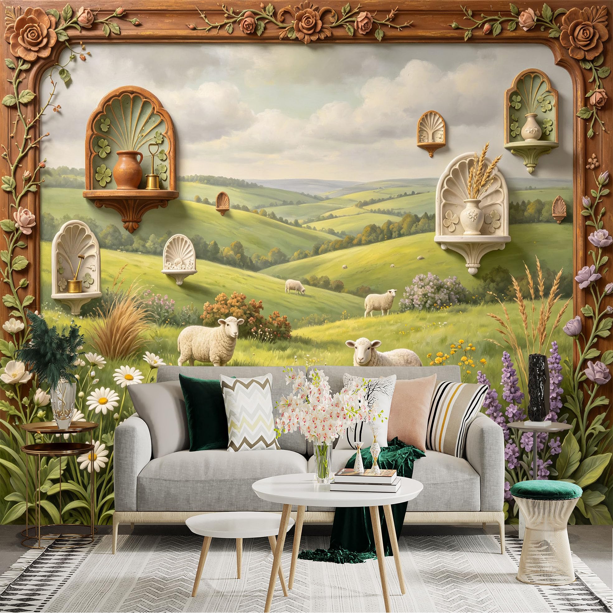 Lnzczhyre Bh260719056 Custom Size Wall Sticker Mural， Pastoral Sheep Meadow， Rolling Hills， Rustic Flowers， Vintage Style Shelf Decor， For Wall Decoration， Peelandstick Wall Decals.