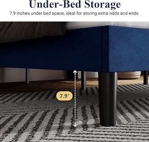 Miniatura 6 de Allewie Base de cama tapizada de terciopelo tamaño King con botón de diamante ajustable y cabecera con ribete de clavos, soporte de listones de Azul