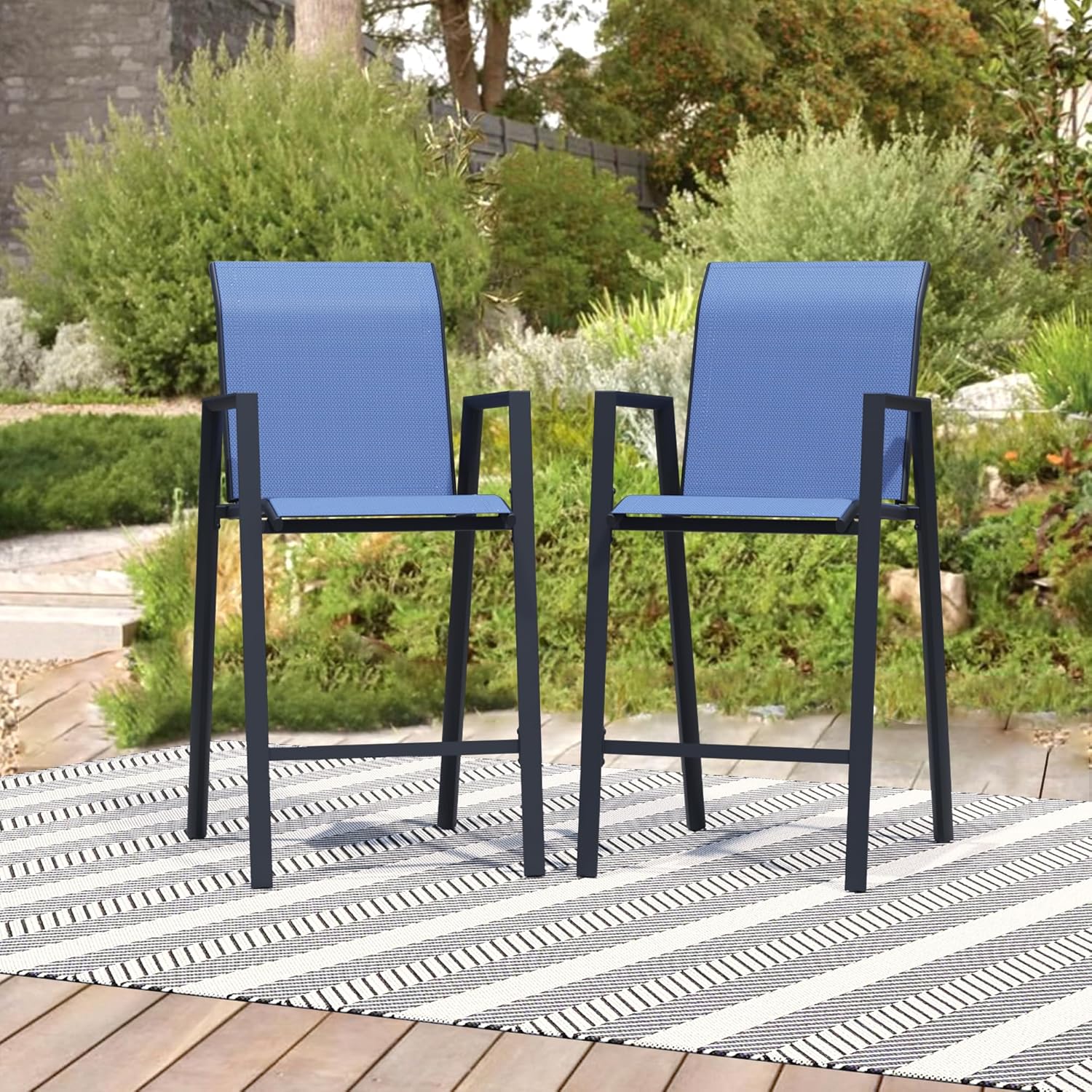 Outdoor Bar Stools Set of 2, 44'' Patio Bar Chairs with Textile High Back, Bar Height Chairs with Straight Armrest and Footrest, Blue
