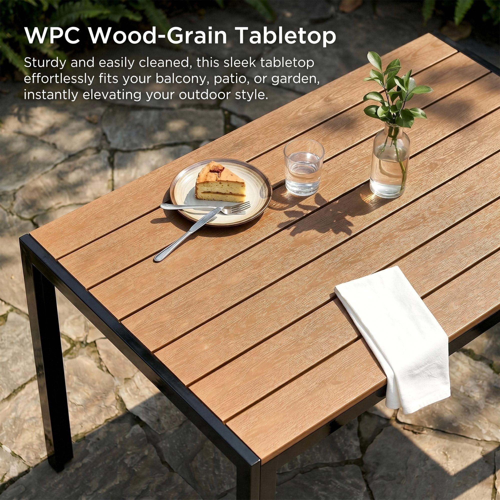 LIFERUN Gartentisch Aluminium, 110x70cm WPC Balkontisch Wetterfest, Rechteckiger Terrassentisch, Rutschfester Esstisch Outdoor, Brettbreite 9cm, Teakbraun
