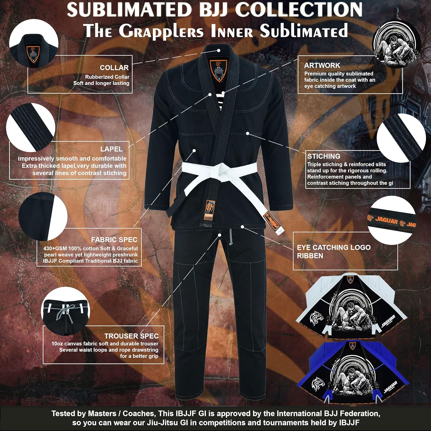 Jaguar Pro Gear – The Grapplers Inner Sublimated - Pro Brazilian Jiu Jitsu BJJ Kimono Gi Uniform Unisex - White Belt Included