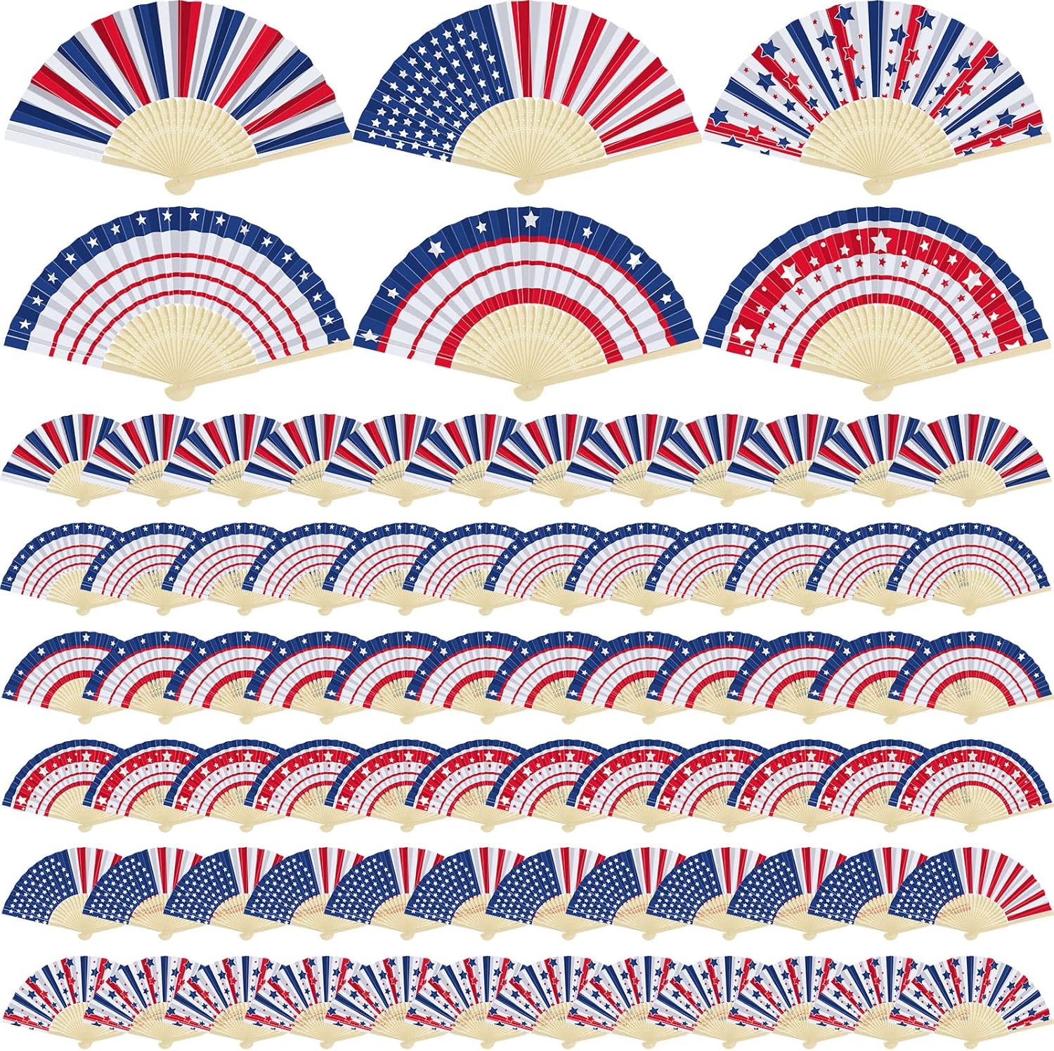 Hoteam 72 Pcs American Handheld Folding Fan Fourth of July Party Favors 6 Style Independence Day Decorative Fans for July 4th Memorial Day Campaign Patriotic Party
