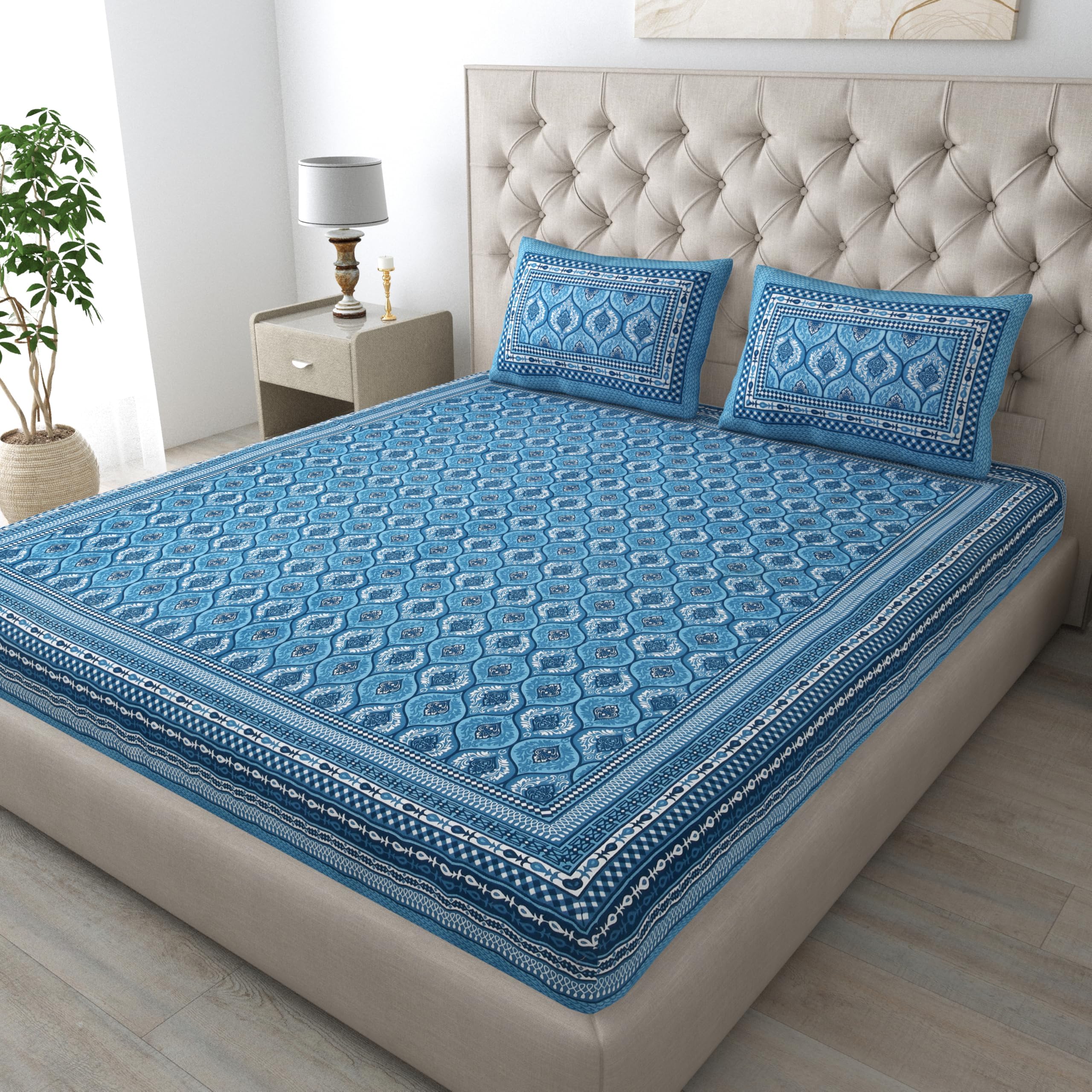 TRUE WORLD Pure 100% Cotton Double Bed Sheet with 2 Pillow Covers, HALKA Purple Blue Queen Size_P
