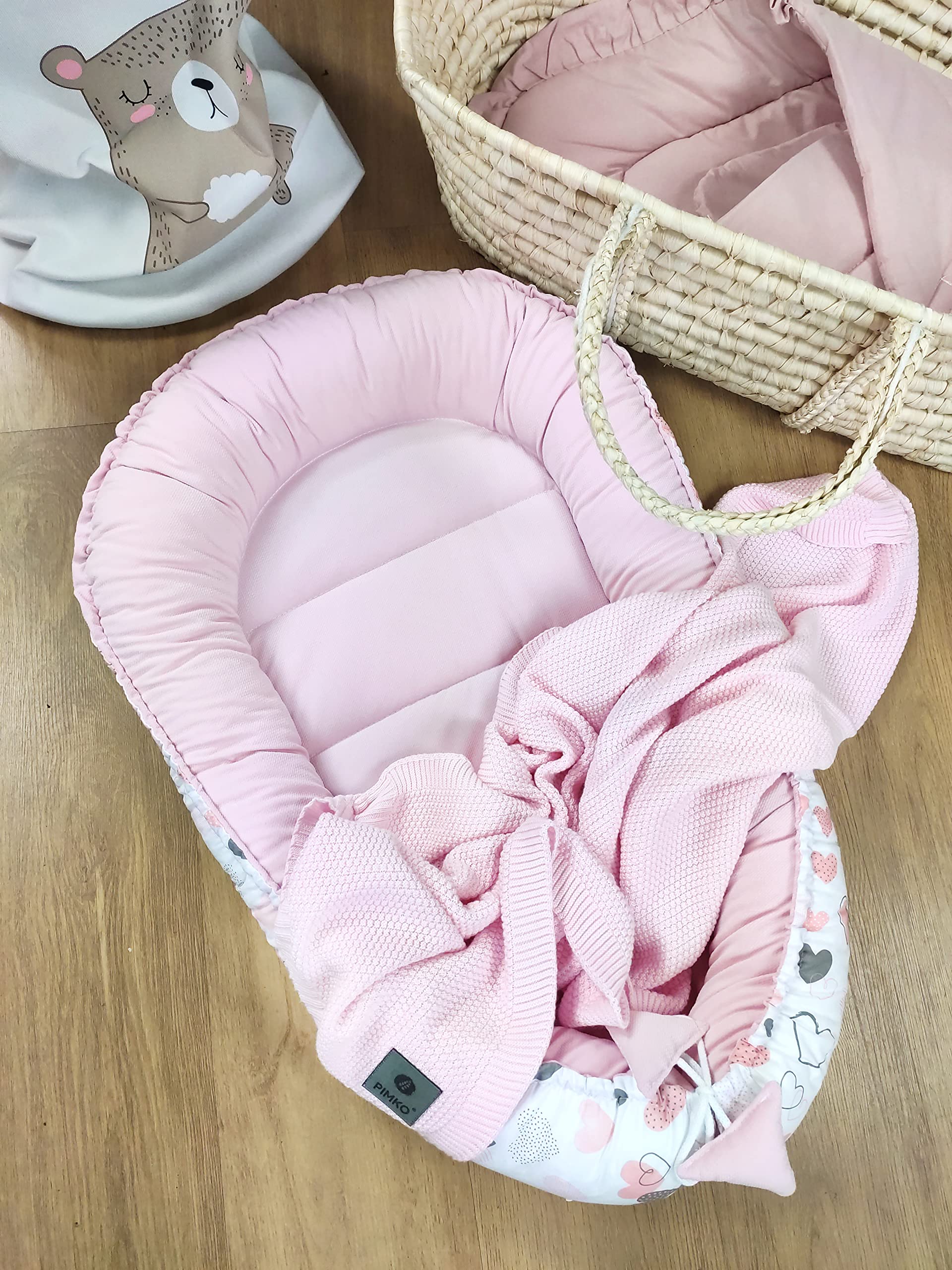 PIMKO Nido para bebé de 2 caras, con capullo, antialérgico, para recién nacidos, 90 x 55 cm, algodón y terciopelo (corazones rosas)