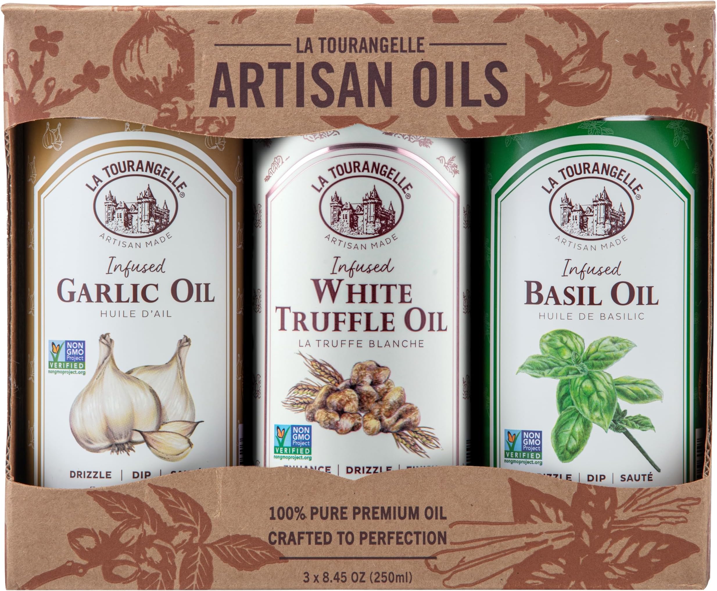 Infused Trio of Oils - Basil Oil, Garlic Oil, White Truffle Oil,Complex Gourmet Earthy Flavor for Drizzling over Pasta, Popcorn, Vegetables, Potatoes, Soup and More, 8.45 Fl Oz (Set of 3)