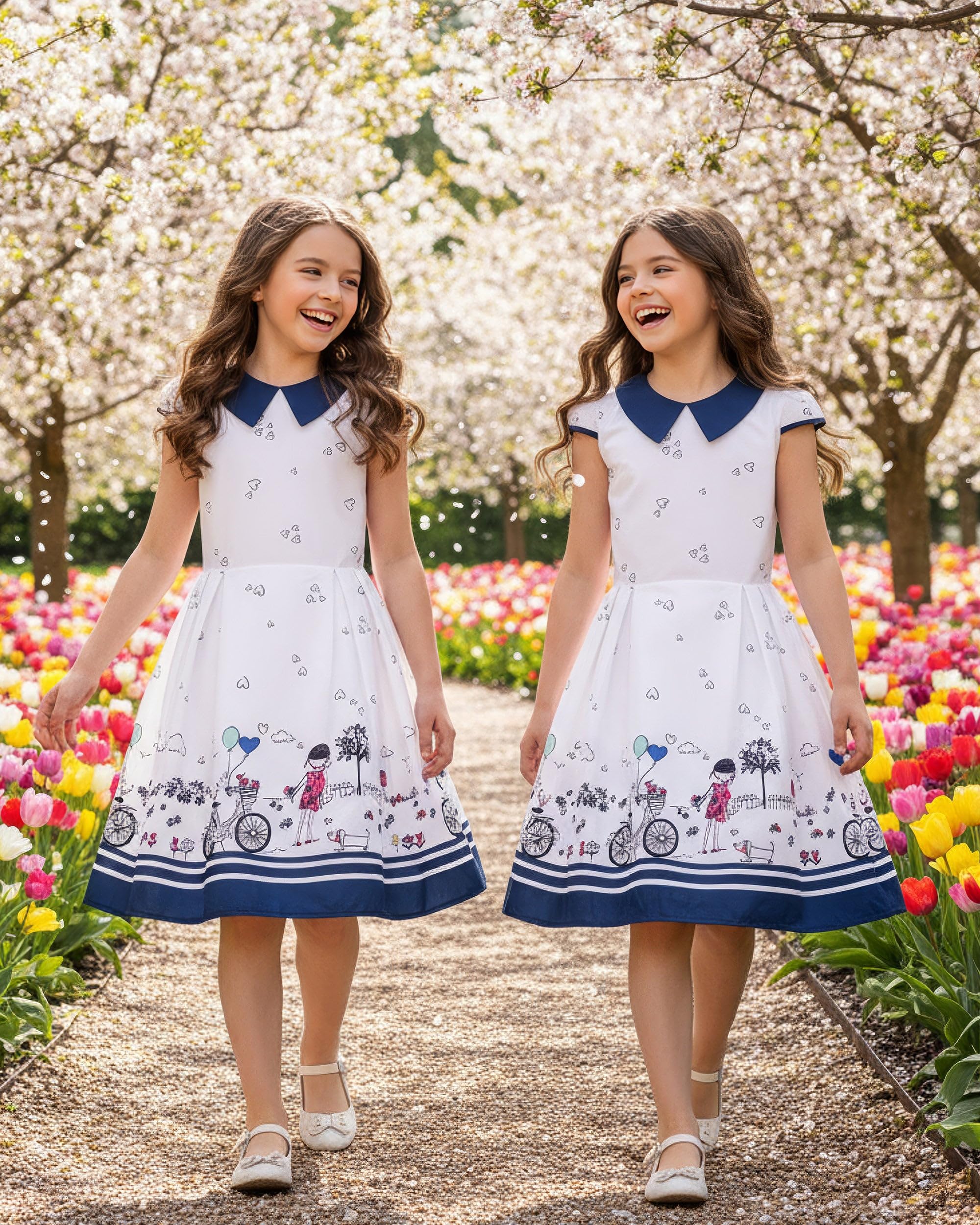 BlackButterfly Mädchen Kleid Olivia Herzen Print | Faltenrock, Flügelärmel, Bubikragen, Motivdruck Am Saum, Gefüttert, Reißverschluss Hinten, 3-14 Jahre