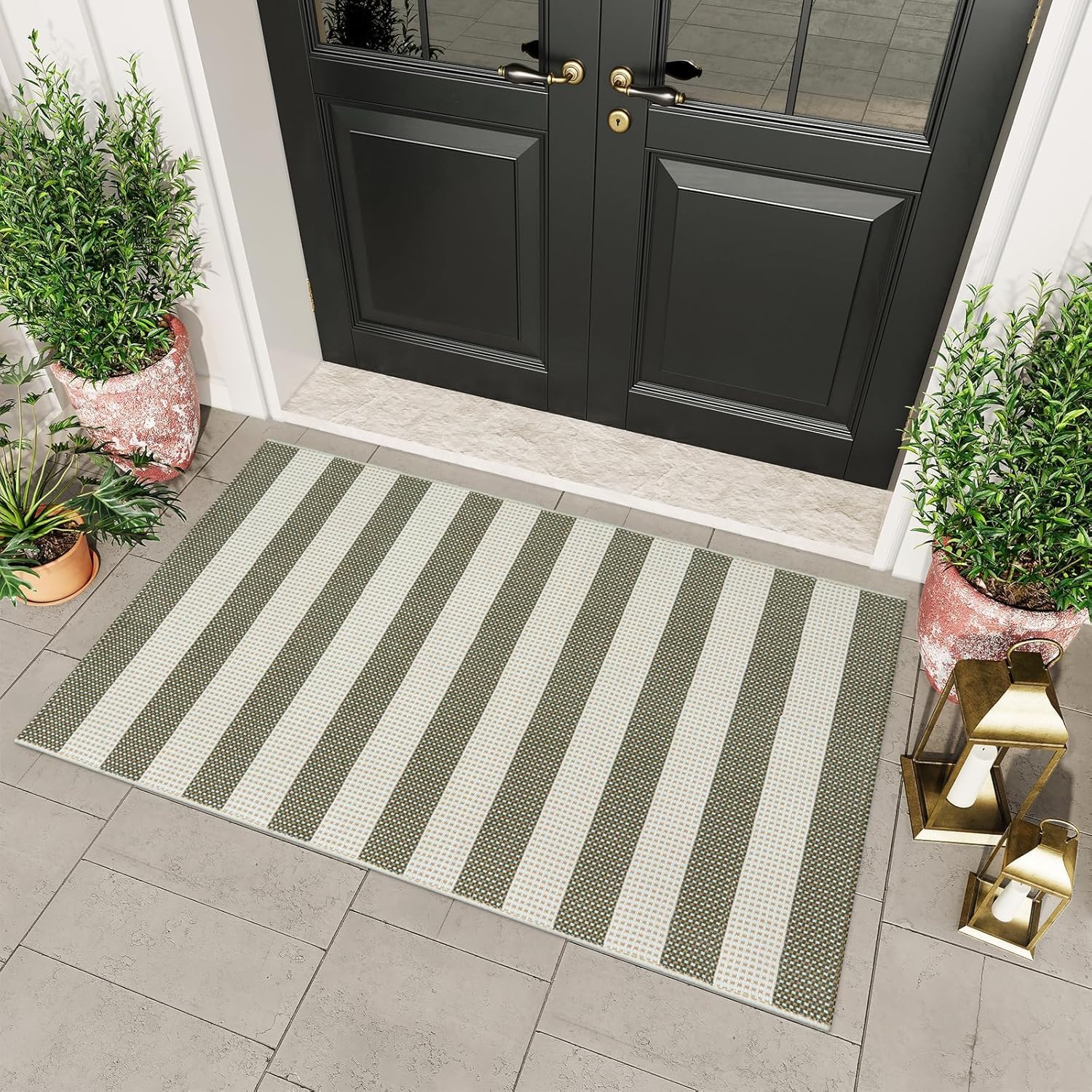OJIA Outdoor Rug 3'x5', Washable Entryway Rugs Indoor Front Door Mat Cotton Woven Checkered Front Door Rug Small Area Rug Outdoor Doormat for Porch Kitchen Patio Bathroom (Green/White/Tan)