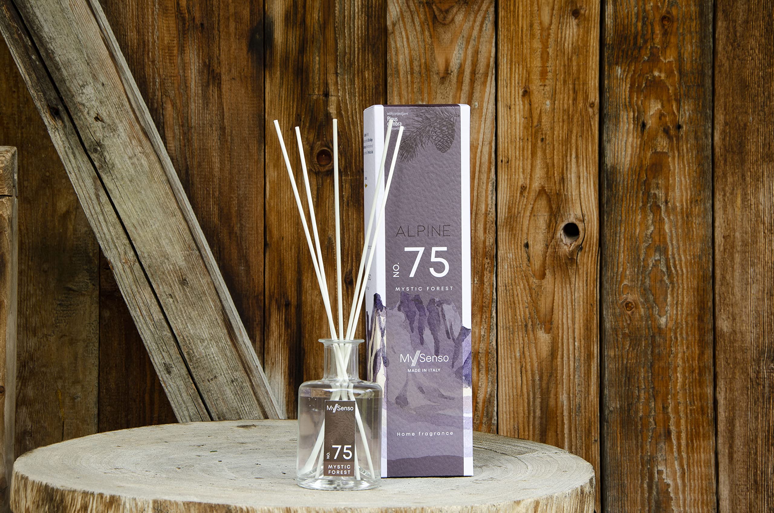 MySenso Alpine - N°75 Mystic Forest - Diffusore a Bastoncini con cembro bio - fragranza Alpina per casa e Ambiente - Profumo Fresco, legnoso – Confezione Regalo Elegante e sostenibile