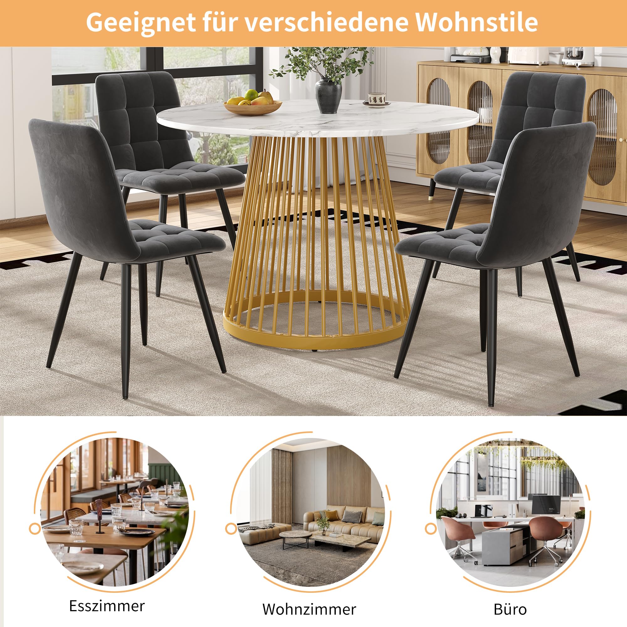 Merax Runder Esstisch Klein Tisch 80cm, Moderner Küchentisch Esszimmertisch für 4 Personen, MDF-Tischplatte mit Marmormuster, Stabiles Zylindrischer Sockel, für Küche, Wohnzimmer, Esszimmer, Gold