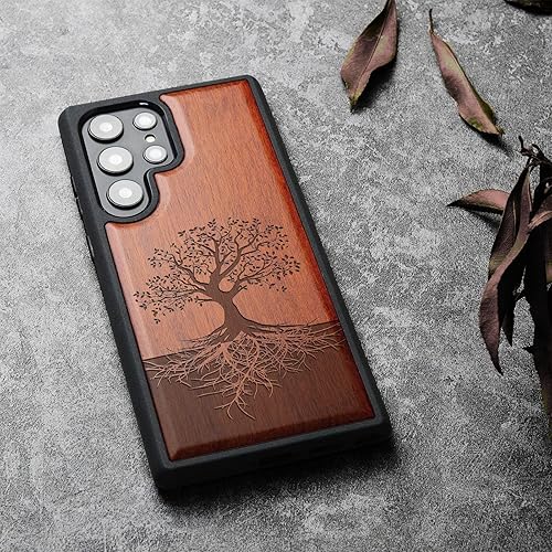 Miniatura 3 de Carveit Funda de madera para Galaxy S22 Ultra madera real dura y TPU suave a prueba de golpes, diseño de madera único y elegante, compatible con