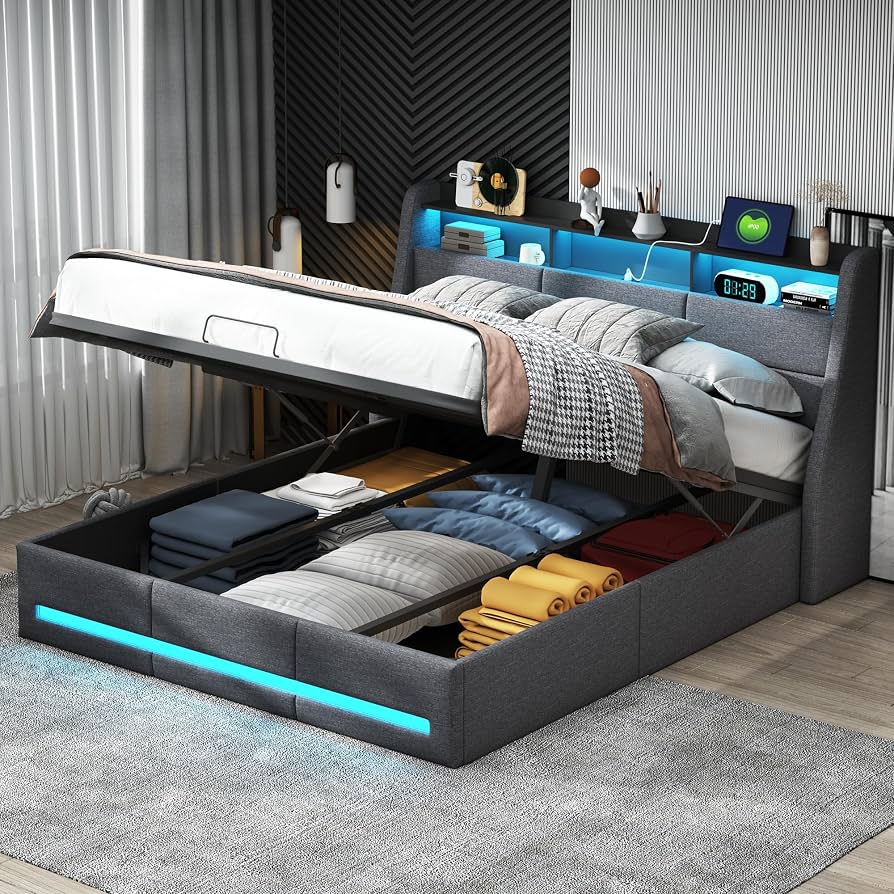 KEYIDE - Letto matrimoniale con testiera e rete a doghe, imbottito, 160 x 200 cm, con illuminazione a LED e ricarica USB, struttura idraulica galleggiante, in lino, senza materasso