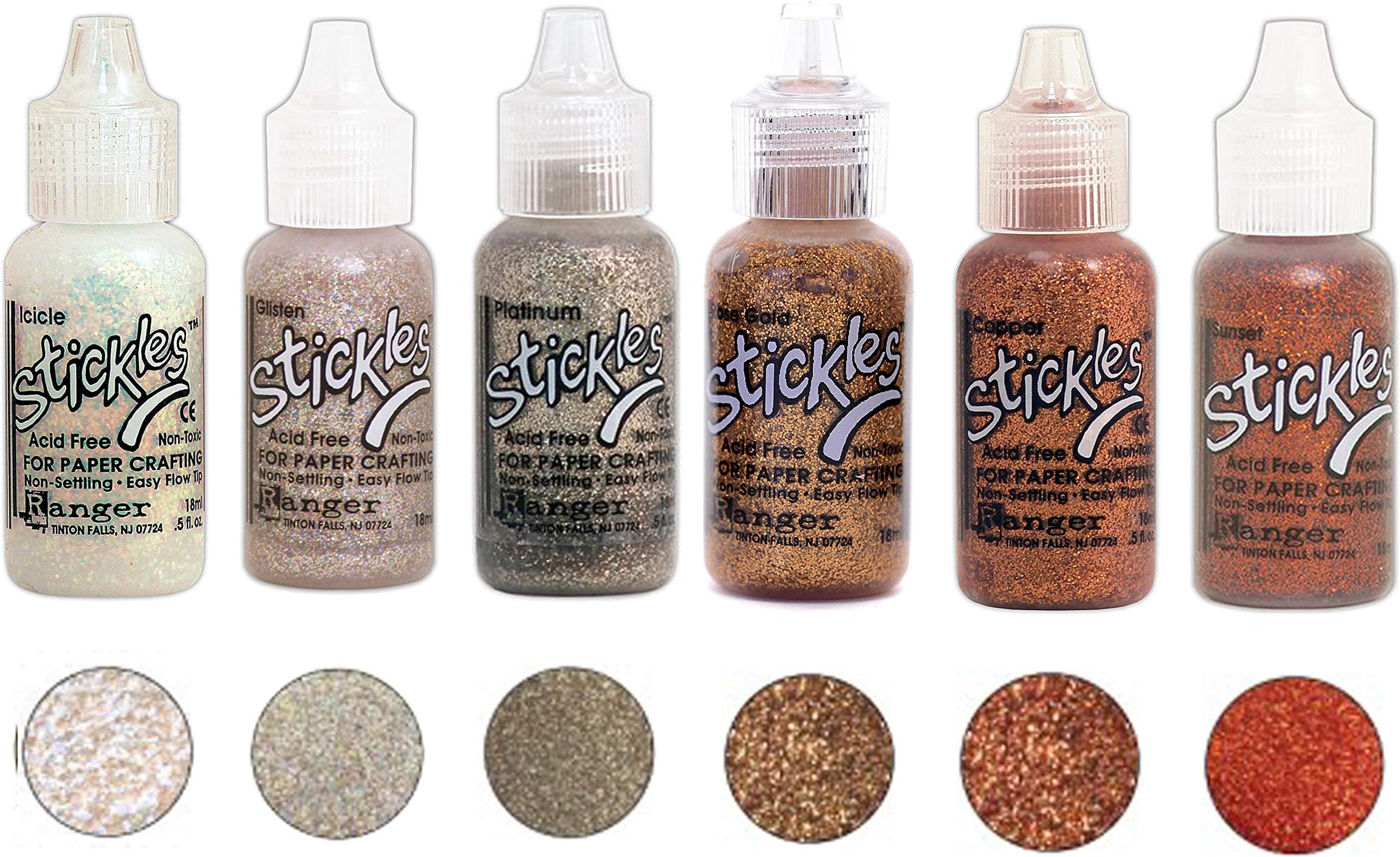 Ranger Stickles Glitter Glue Bundle A "Flicker" - Six .5 fl oz Bottles - Icicle, Glisten, Platinum, Rose Gold, Copper, and Sunset