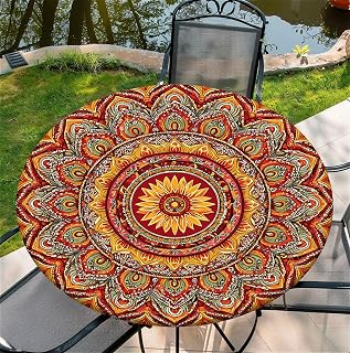 Round Fitted Tablecloth with Elastic Edge for 36in Tables，Washable Table Cover for Party Picnic Dinner Farmhouse Tabletop Decor - Orange Indian Mandala