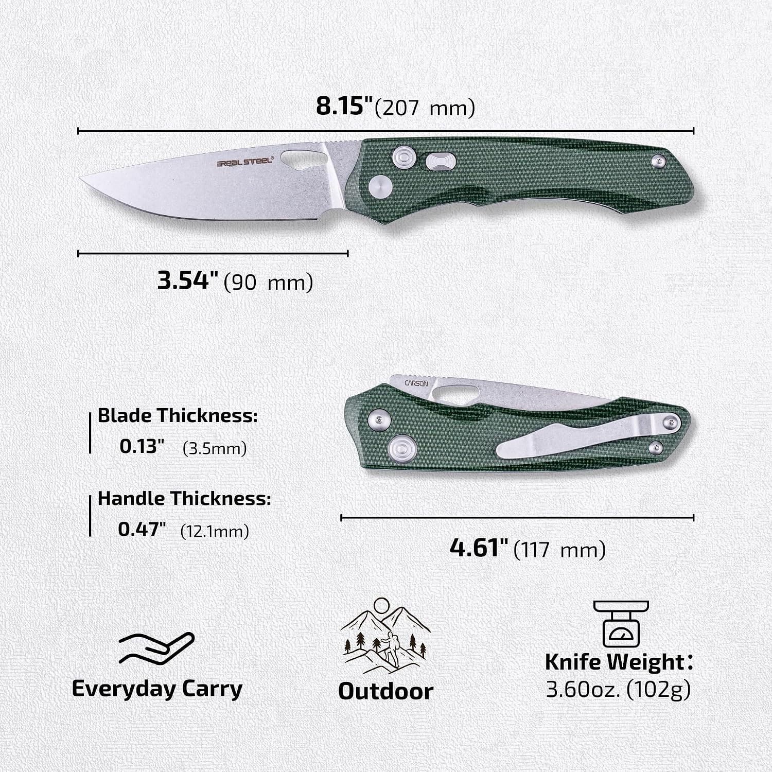 REALSTEEL Griffin Pro Folding Pocket Knife,Thumb Hole,Safe Switch,Button Lock,3.54" 14C28N Steel Stonewash Blade,Micarta Handle,3.6oz,Clip,EDC,Gifts for Men Outdoor Camping Hiking Hunting(Green)