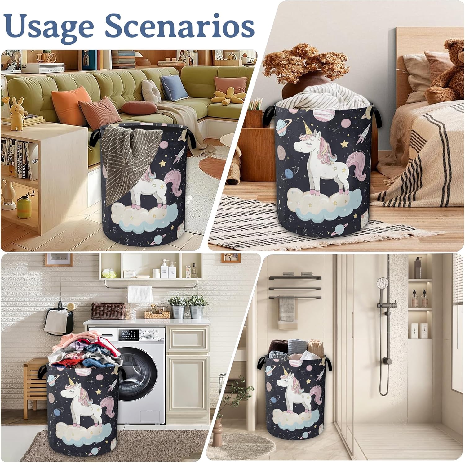 Cute Unicorn Laundry Basket,Foldable Oxford Cloth Planet Laundry Hamper with Handles, 20.8"x16" Tote Bag Clothes Storage Bucket for Laundry Room/Bathroom/Bedroom/Dormitories