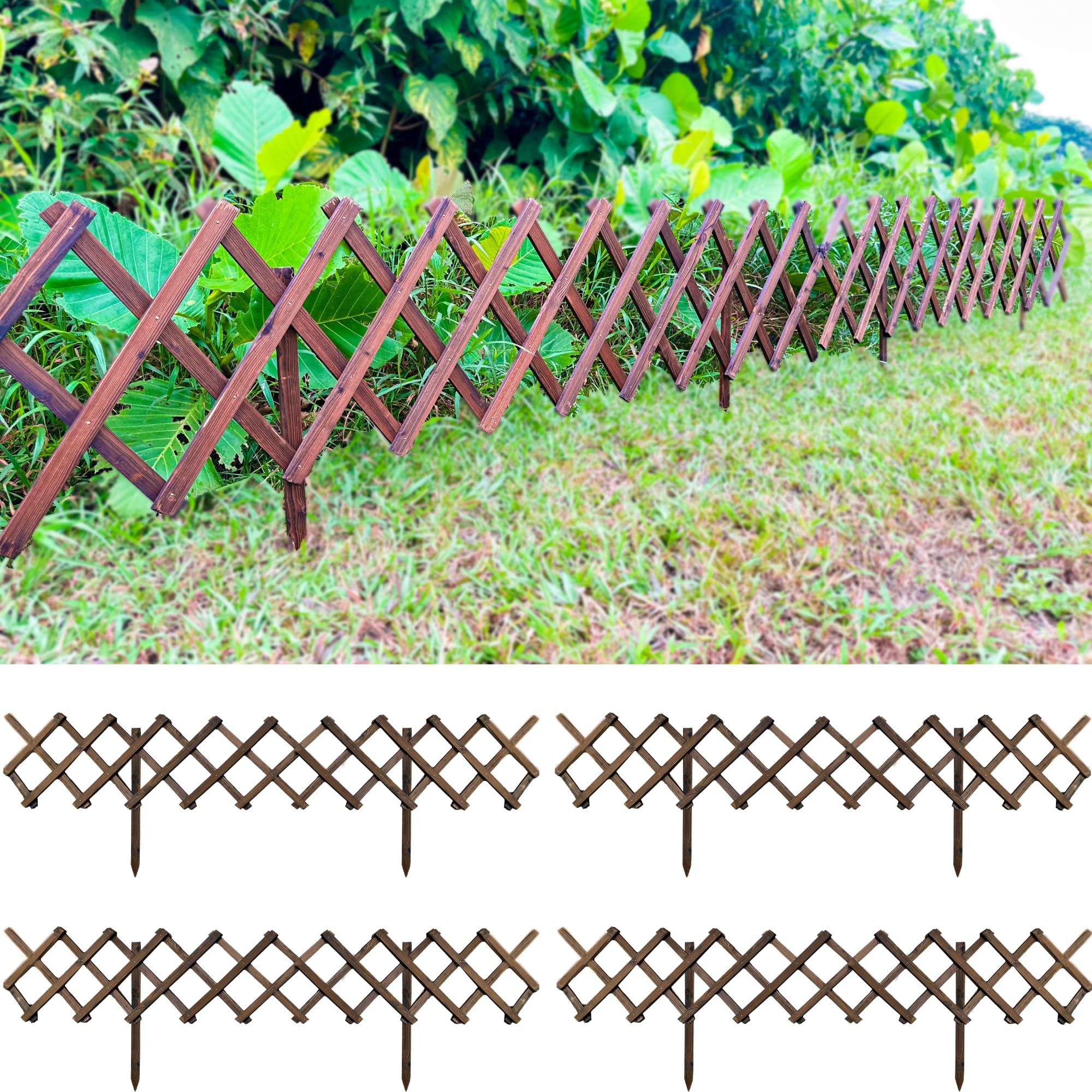 ShopLaLa Garden Fence - 4 Pack, Total 24ft (L) Wooden Lattice Flower Edging for Yard Lawn Landscape Patio Outdoor Decor, Expandable Plant Garden Trellis Animal Barrier Fence No Dig Panel for Small Dog