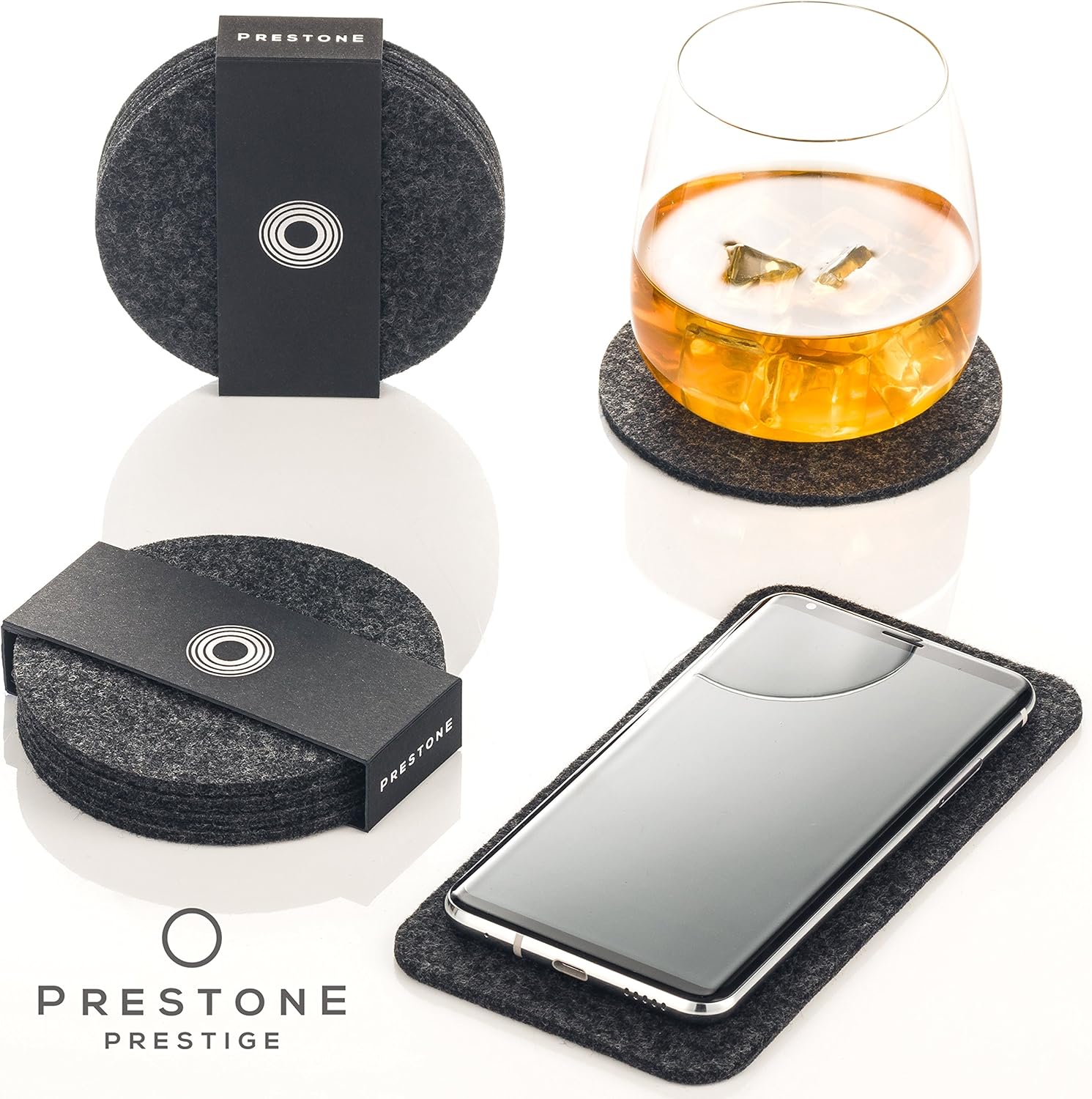 Black Friday - 80% OFF Coasters for Drinks Set of 9, Absorbent Felt Coasters with Double Holder, Unique Phone Coaster, Premium Package, Perfect Housewarming Gift Idea, Protects Furniture (Round, Charcoal)
