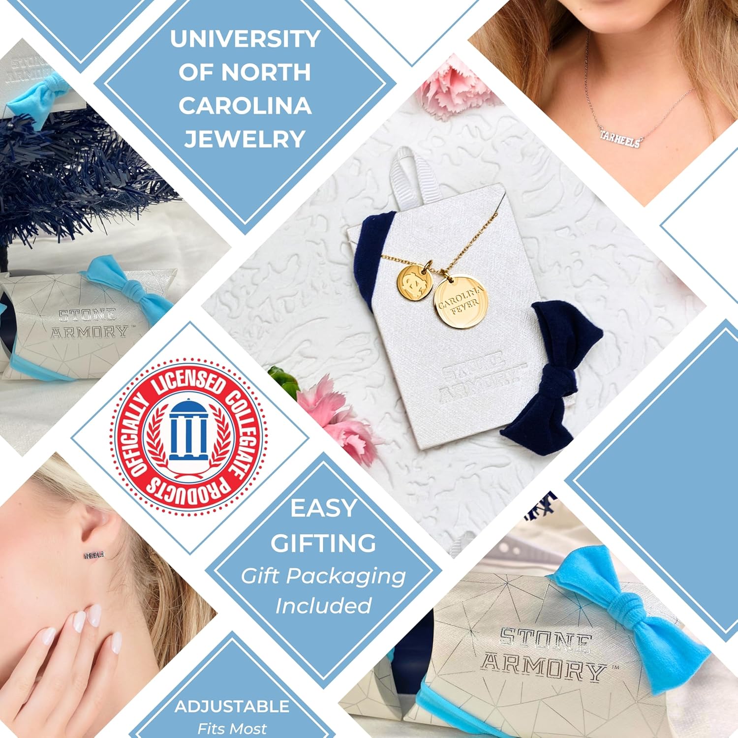 Stone Armory Necklace for North Carolina Tar Heels - 18K Gold-Plated Stainless Steel Jewelry Designed for Sensitive Skin - Adjustable 16-20in Chain, Gift for University of North Carolina Fans
