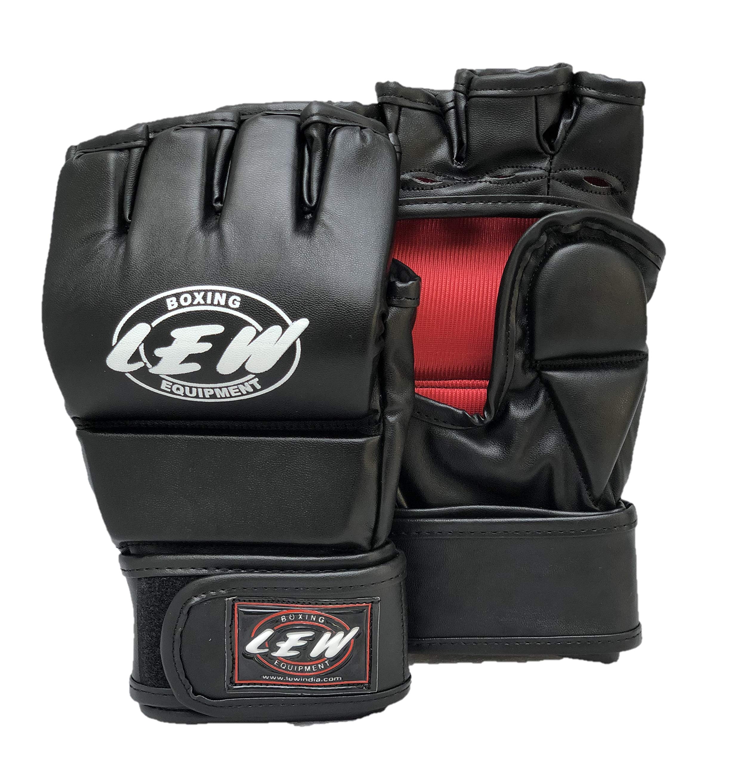 LEW All Black Martial Arts Training & Sparring | Palm-O Maya Hide Leather Grappling Mitts |Good for Kickboxing, Muay Thai, Cage Fighting, Punching Bag MMA Gloves (Black/Red, Small/Medium)