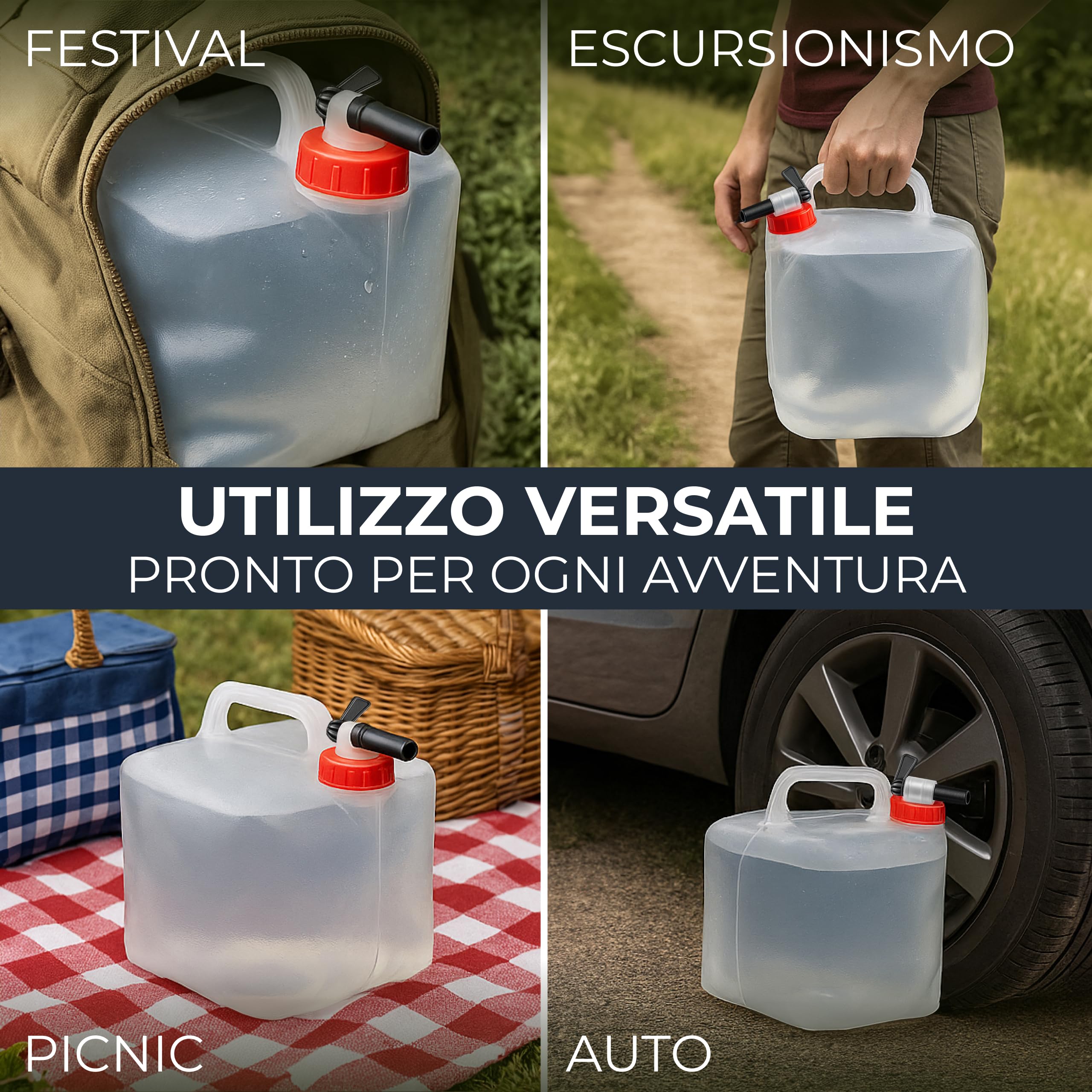4 taniche per acqua da 10 l, pieghevoli, con pratico rubinetto e maniglia per il trasporto, con coperchio a vite, 100% ermetiche, per campeggio, attività all'aperto, ecc
