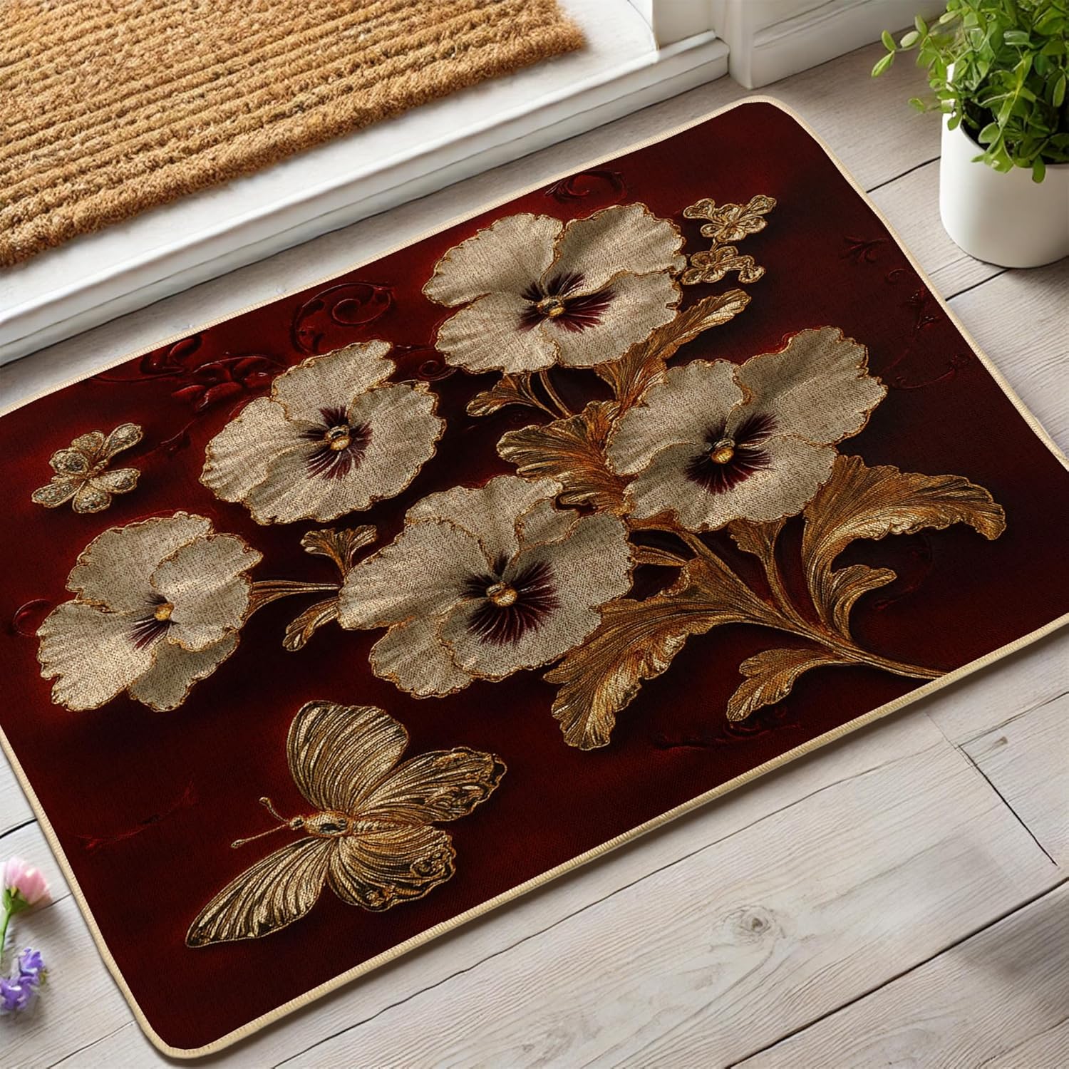 Elegant Floral Door Mat, Burgundy Pansies and Butterfly Indoor & Outdoor Entrance Decor, Waterproof Non-Slip Dust Absorbent Doormat, Easy to Clean 29x17 Inch