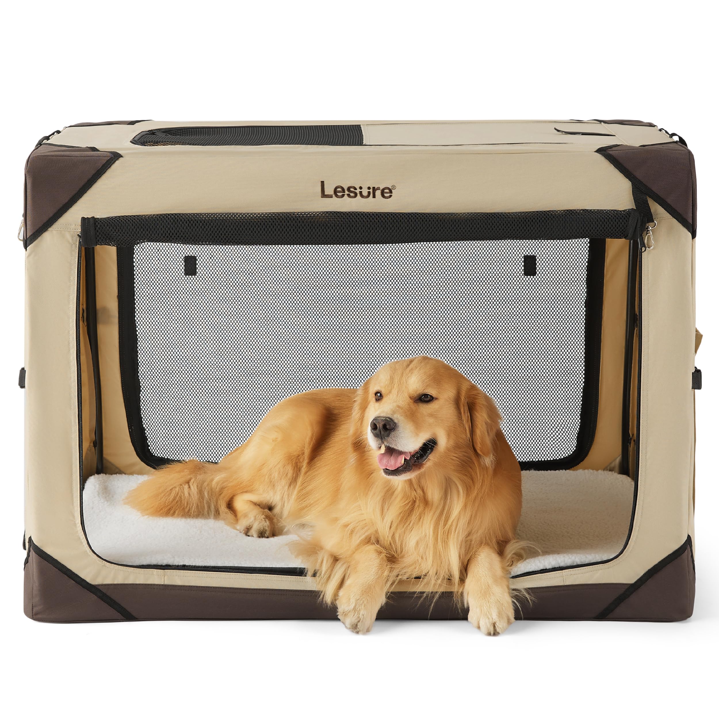 Lesure Collapsible Dog Crate - Portable Dog Travel Crate Kennel for Extra Large Dog, 4-Door Pet Crate with Durable Mesh Windows, Indoor & Outdoor (Khaki)