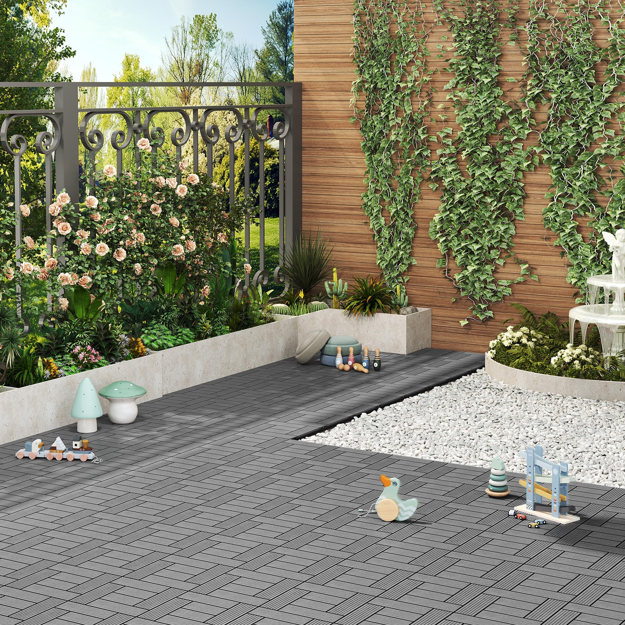 WOLTU Pavimenti da Esterno Balcone/Giardino/Terrazza Piastrelle ad Incastro in WPC, Legno Composito Grigio Chiaro 11 Pannelli / 1 ㎡