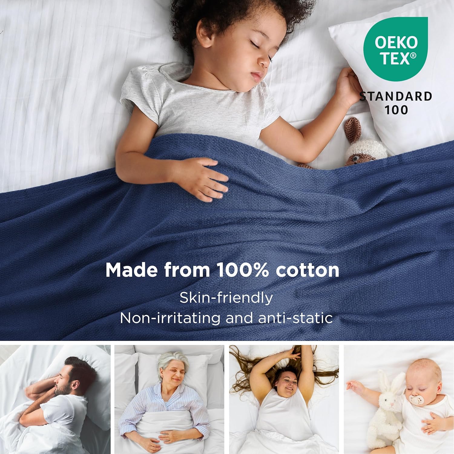 Bedsure GentleSoft 100% Cotton Blanket King Size for Bed - Breathable and Lightweight, Soft Cozy Textured Herringbone Woven Blanket for Summer, Navy Blue, 108x90 inches - Image 2