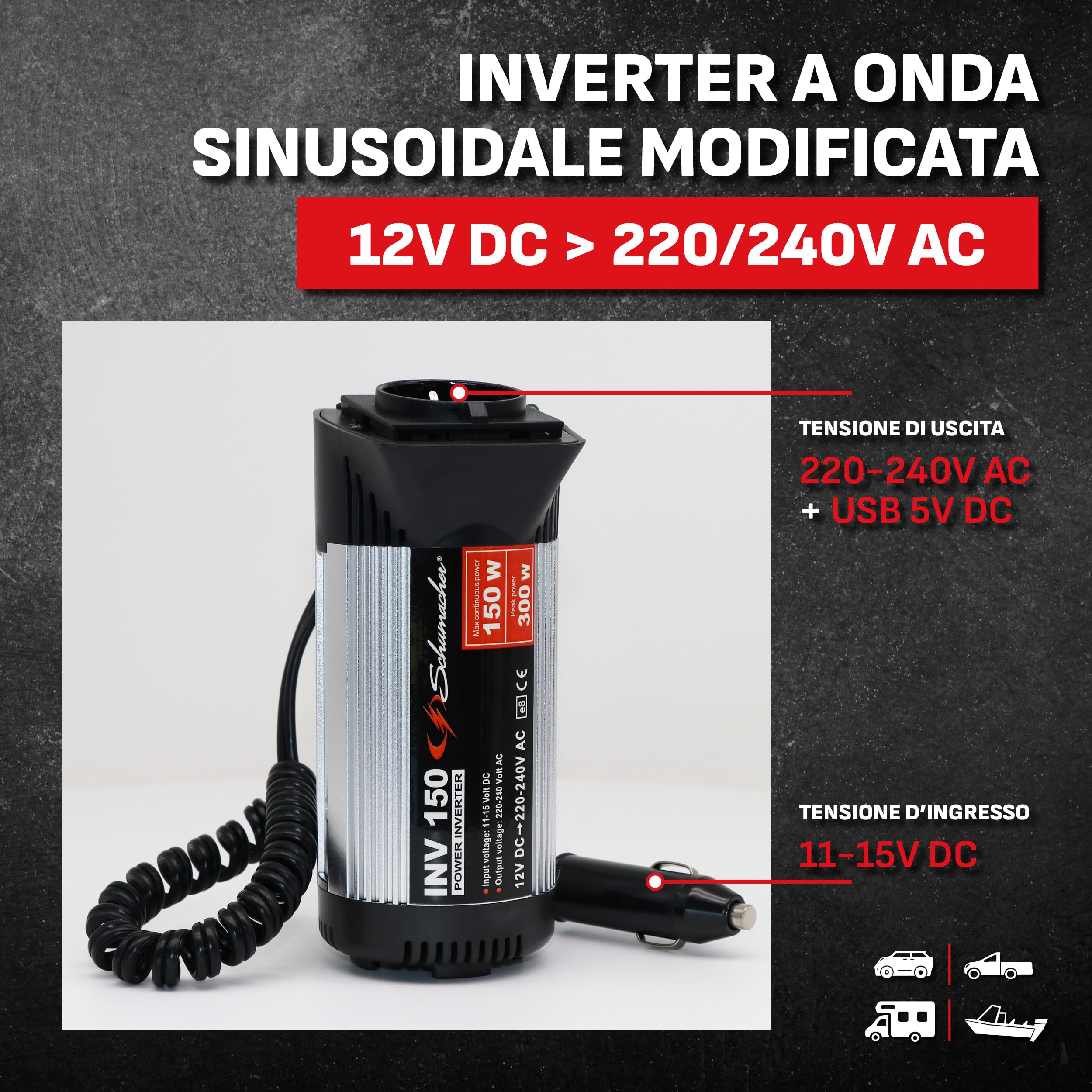 Schumacher Electric INV150 Inverter 12V 220V 300W con USB e Presa Accendisigari