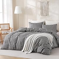 Vista 2 de TOCOMOA Juego de funda de edredón a rayas 100% algodón natural suave cómodo transpirable 3 piezas patrón estampado en blanco y negro funda