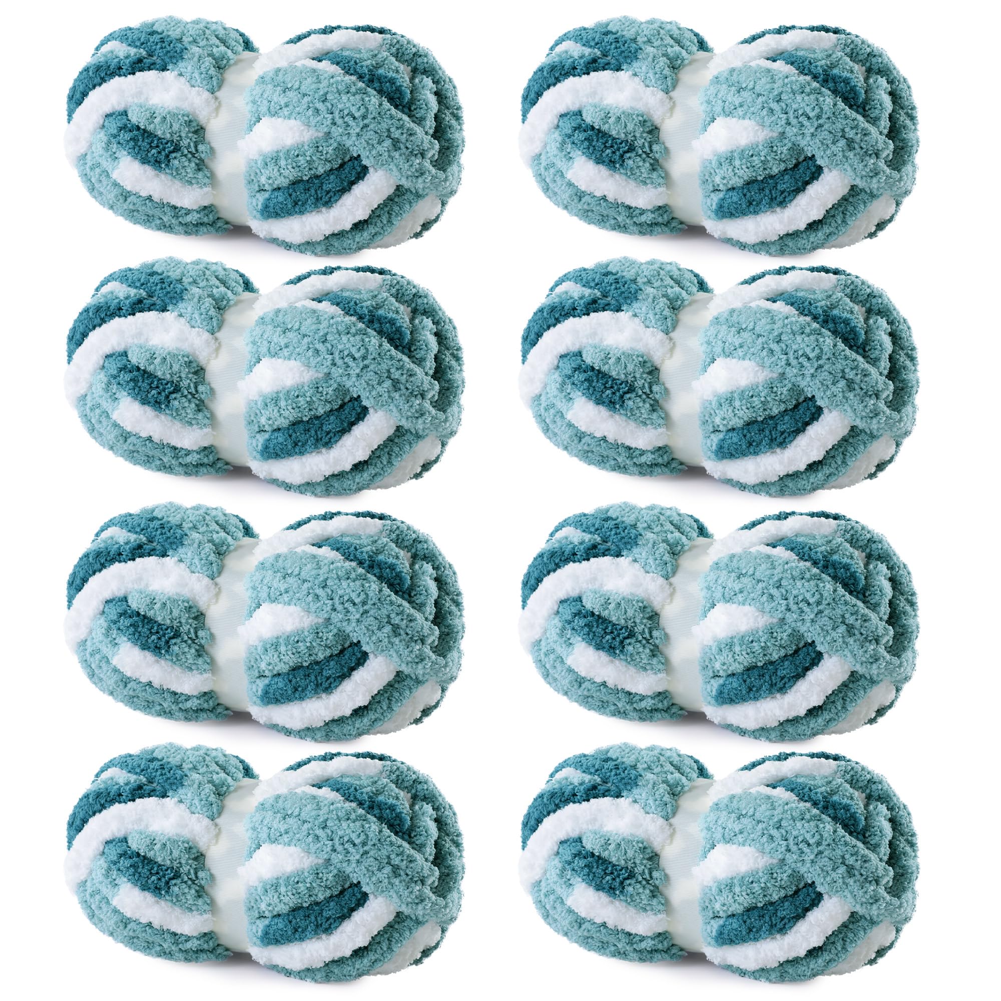 HOMBYS 8 Pack Giant Chunky Yarn for Crocheting,Super Bulky Large Soft Fluffy Yarn,Tie Dye Plush Fuzzy Yarn,Mixed Color Thick Chenille Yarn for Hand Knitting/Arm Knitting(Blue Multi,White)