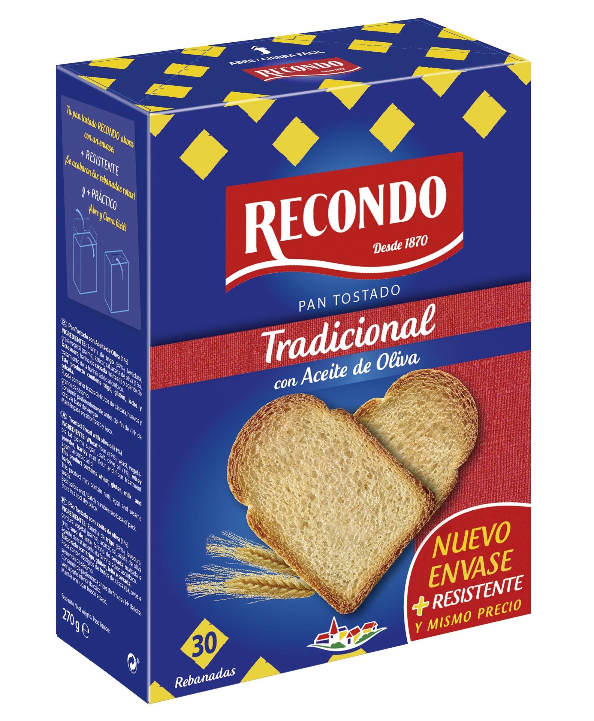 Recondo Pan Tostado Tradicional con aceite de oliva 30 rebanadas 270 g