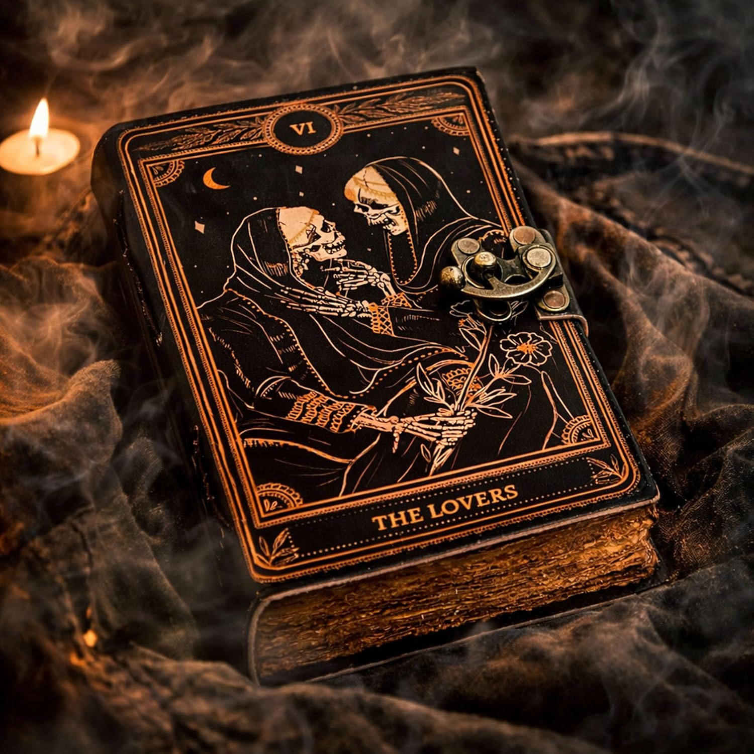 cuero C Book of Spells Leather Journal Deckle Edge Paper Grimoire Printed Journal The Lovers Tarot Notebook Spiral Gothic Notebook Skull lover Antique Vintage Leather Journals for Men and Womens