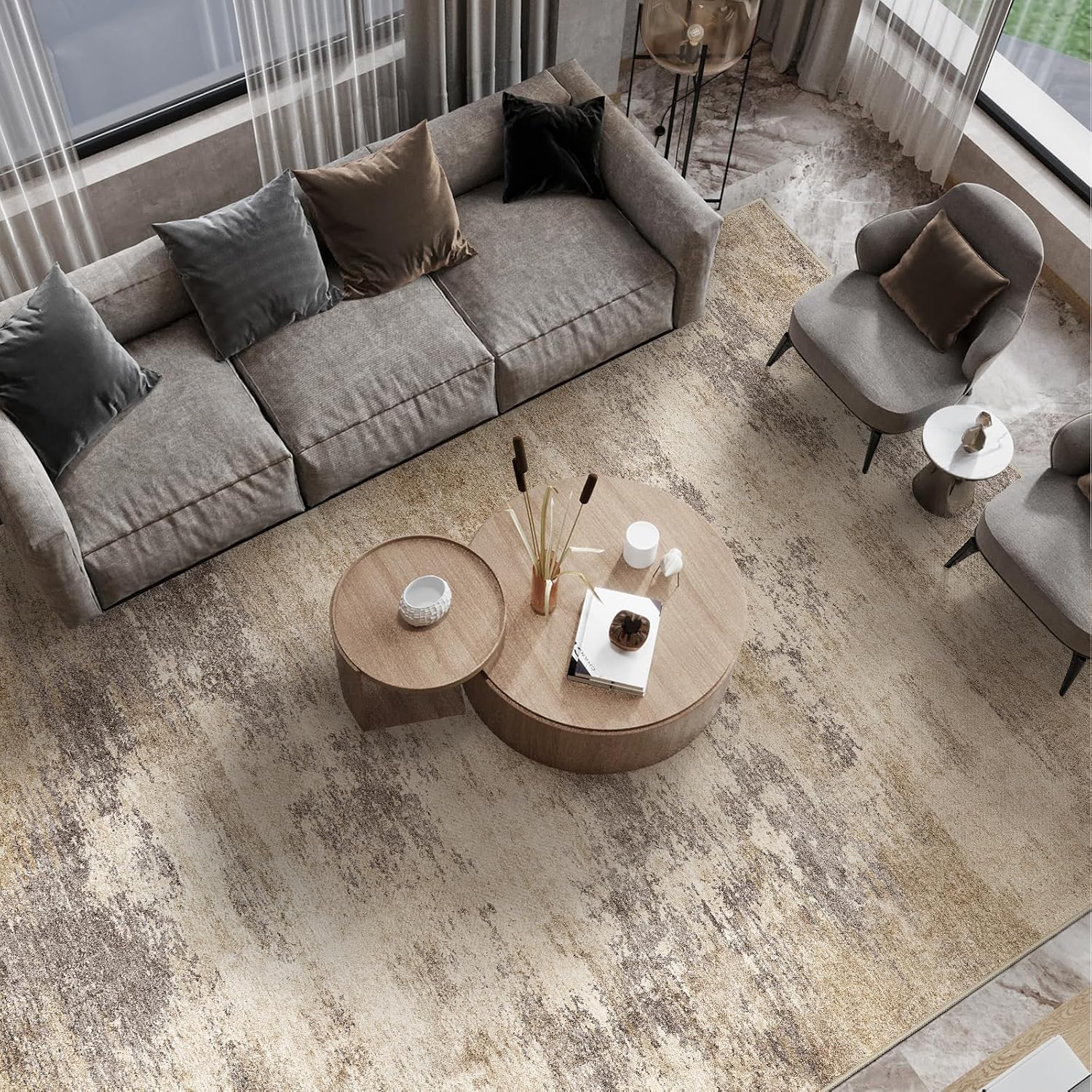 Washable Abstract 10x14 Area Rug: Low Pile and Non-Slip Rubber Backing Modern Large Soft Stain-Resistant Carpet for Living Room Bedroom Dining Room Kitchen and Home Office Brown Beige