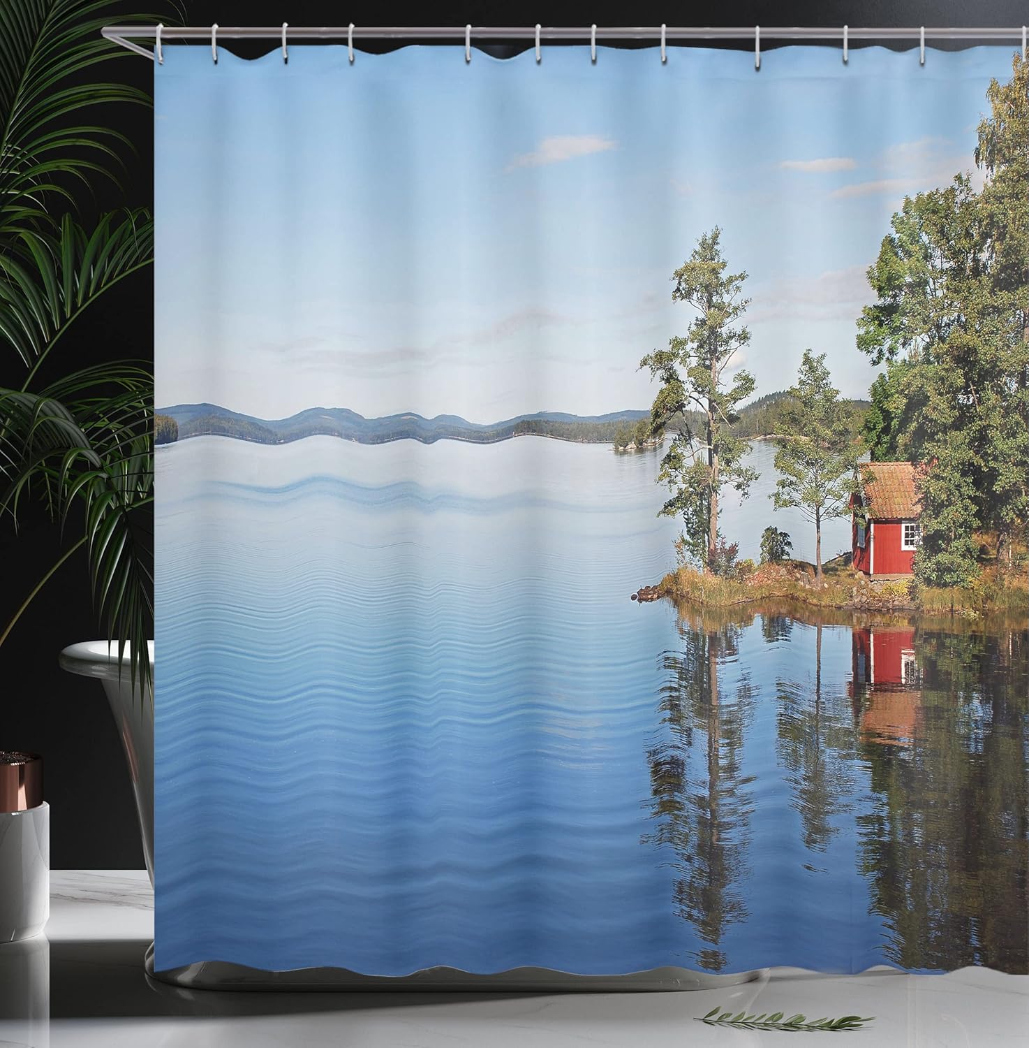 Ambesonne Landscape Shower Curtain, Calmness Themed Photo of The Tranquill Lakeside Water and Country House Between Trees for Peace Print, Fabric Bathroom Decor Set with Hooks, 69" W x 75" L, Blue