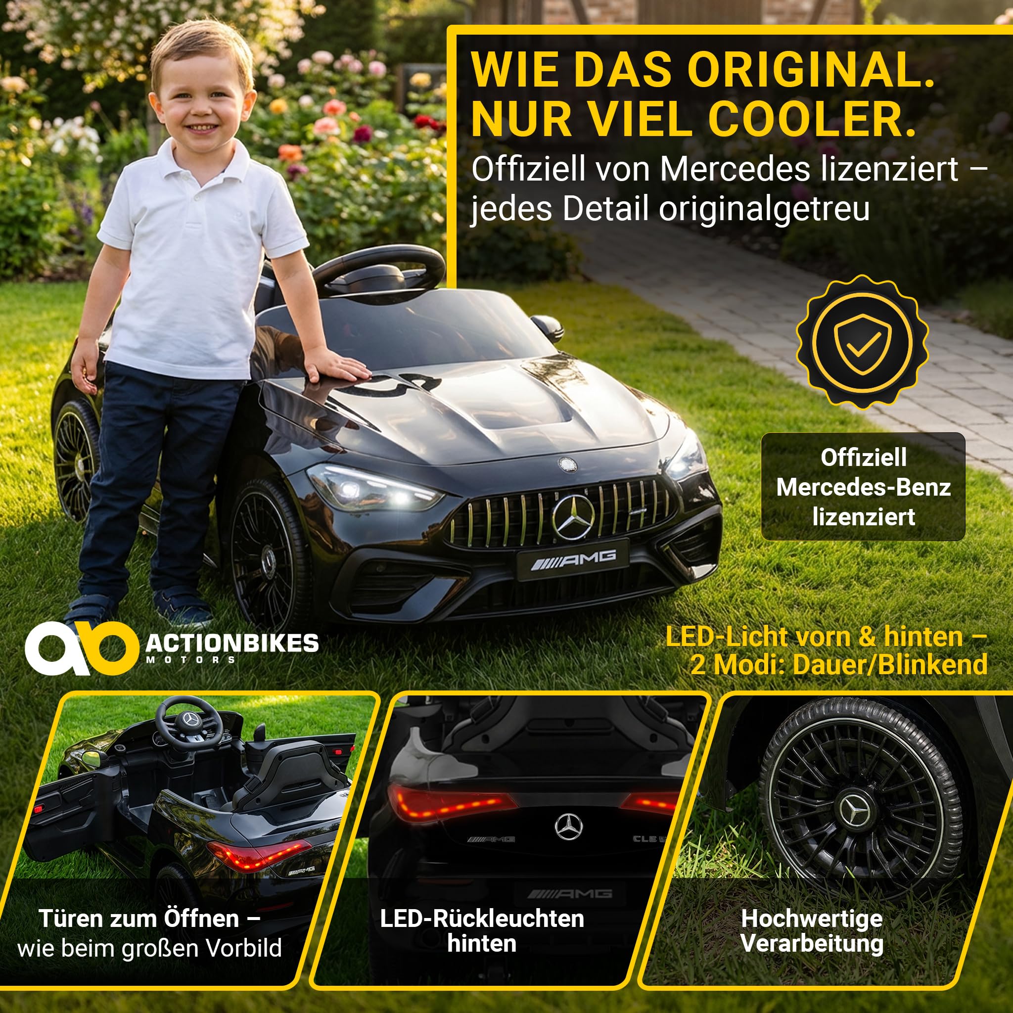 Actionbikes Motors Kinder Elektroauto Mercedes AMG CLE 53 | 2,4 Ghz Fernbedienung - Lizenziert - Spielzeugauto - Kinderauto elektrisch - Elektrofahrzeuge - Elektro Auto für Kinder ab 3 Jahre (Schwarz)
