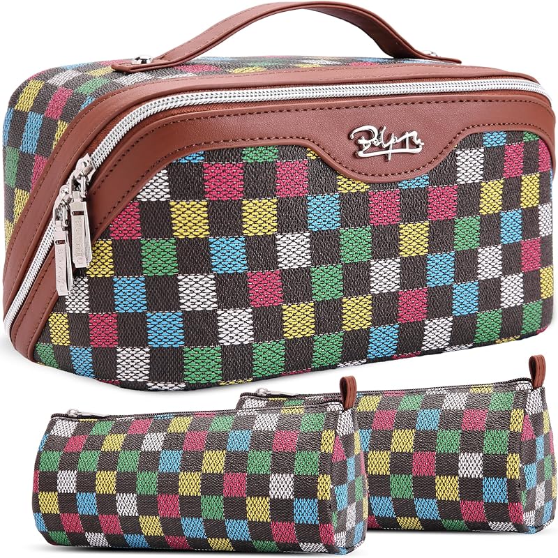 BOYATU Conjunto com 3 necessaires de maquiagem para viagem com alça, fechamento por zíper e material tipo couro 07-A-Brown