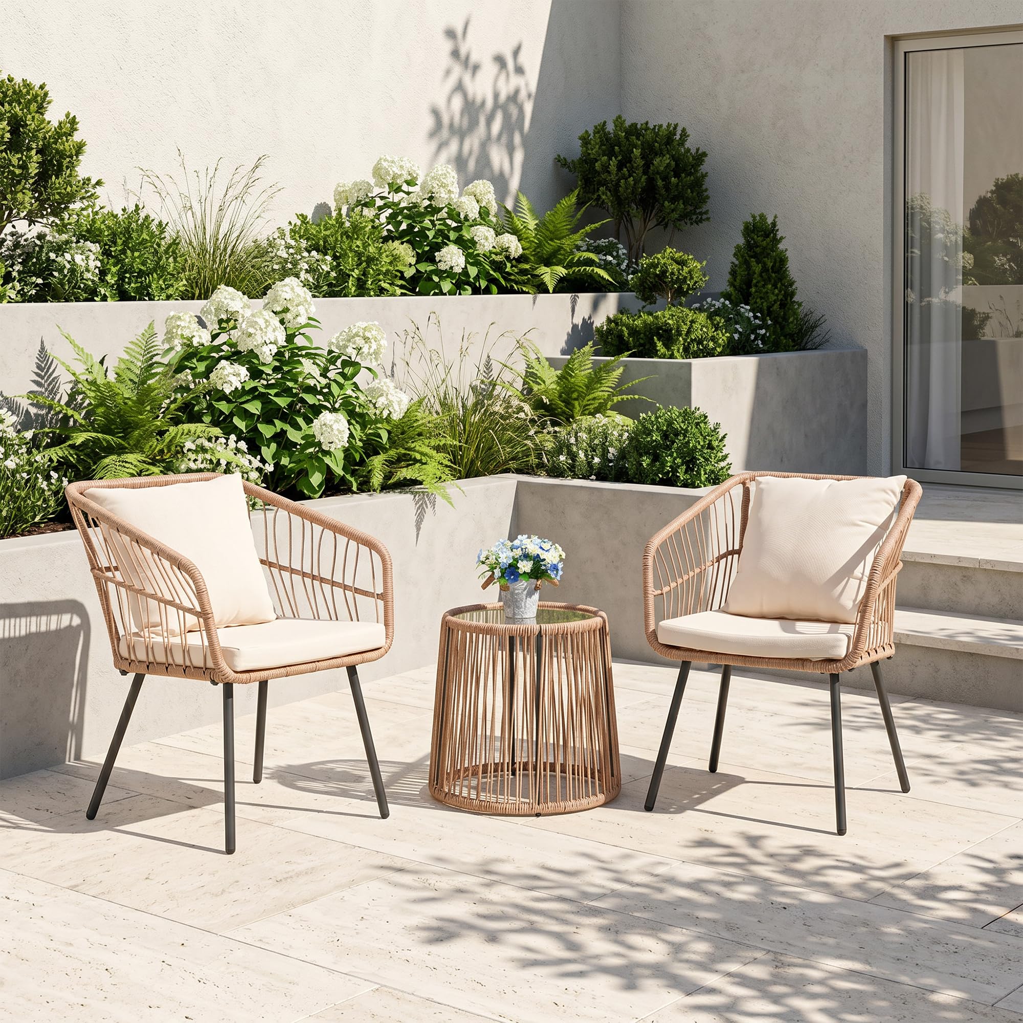 OC Orange-Casual Outdoor 3-TLG Balkon Set, Bistro Set, Rattan Gartenmöbel mit Kissen, Couchtisch mit Glastischplatte,Sitzgruppe für Garten, Balkon, Hinterhof, Natur