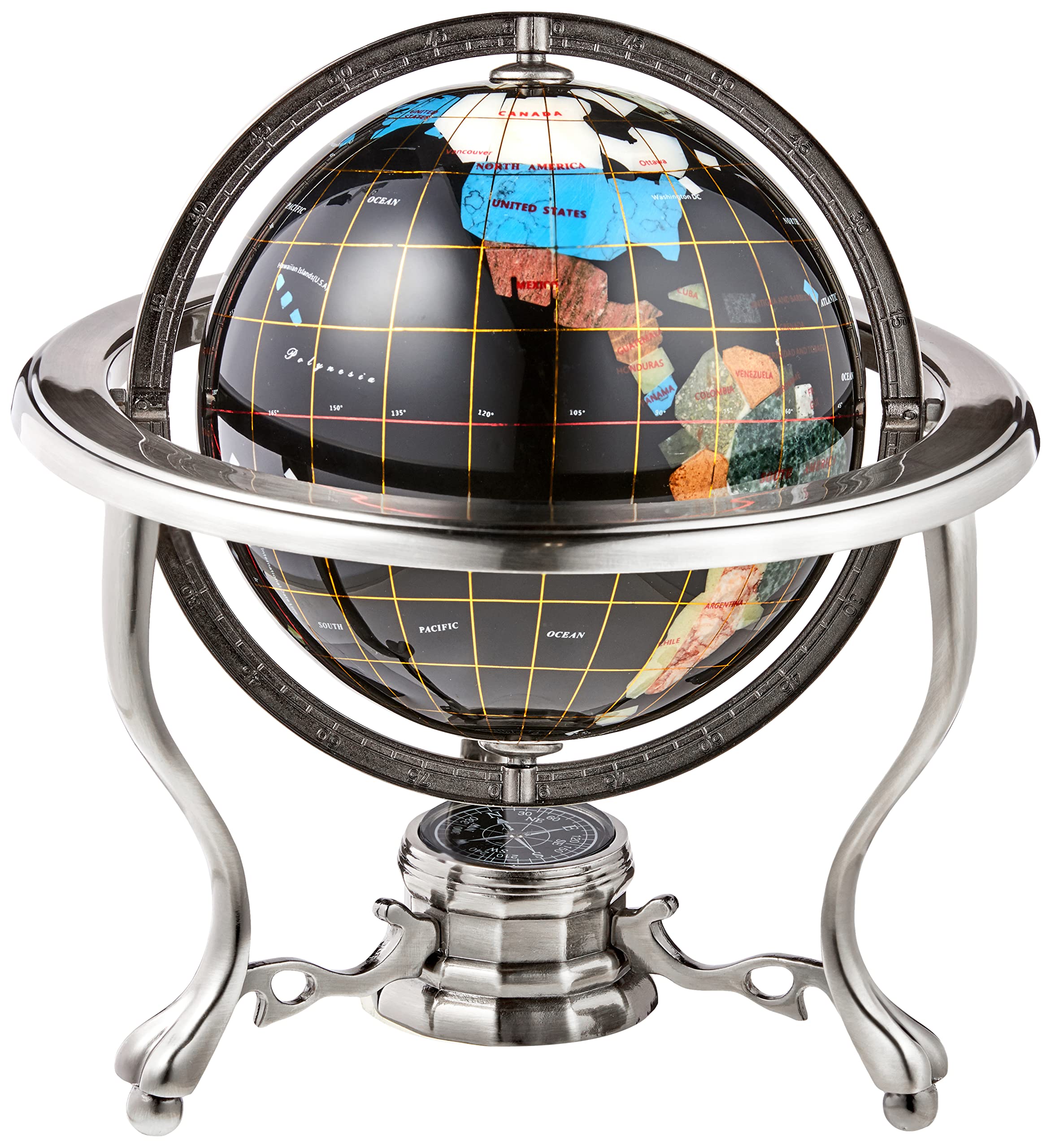 Unique Art 10-Inch Tall Table Top Black Onyx Ocean Gemstone World Globe with Silver Tripod Stand