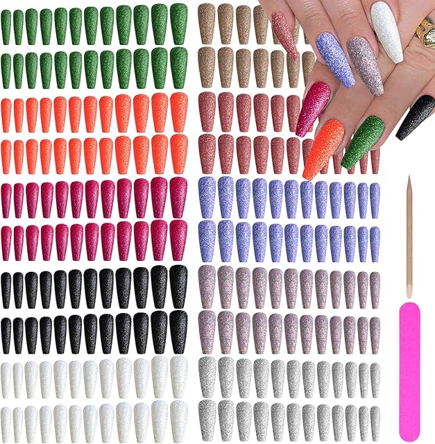 EBANKU 240 Pieces Extra Long Press on Nails Ballerina Coffin False Nails Solid Glitter Color Full Cover Fake Nails Artificial Acrylic Nails for DIY Nail Art Salon Women Girls (Shiny Pattern)