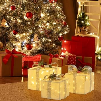 Set of 3 Plug-in Christmas Lighted Gift Boxes, Pre-lit 60 LED Light Up Decorations, Outdoor Christmas Decorations Indoor Outside Porch Yard Christmas Tree Lighted Display, Silver Bow