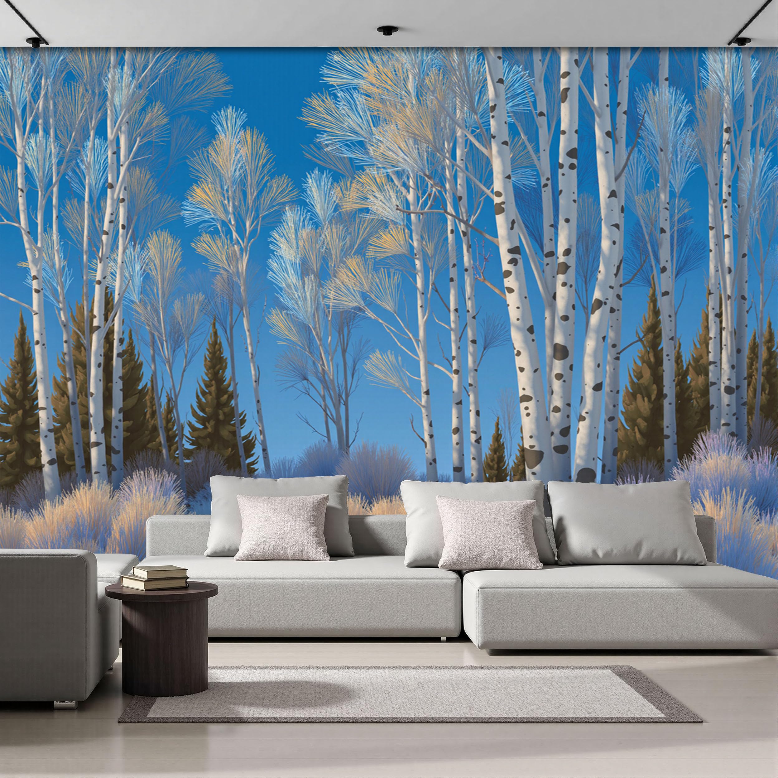 Papier Peint Panoramique Forêt Bouleaux 450x315 Hiver Decor Salon