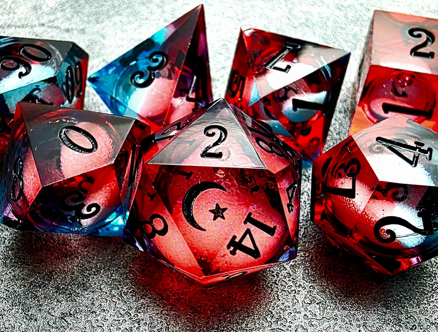Star Moon Liquid Core Sharp Edge Crystal Dice Set for Dungeons and Dragons Polyhedral RPG Tabletop Dice (Astral-Blue Red)