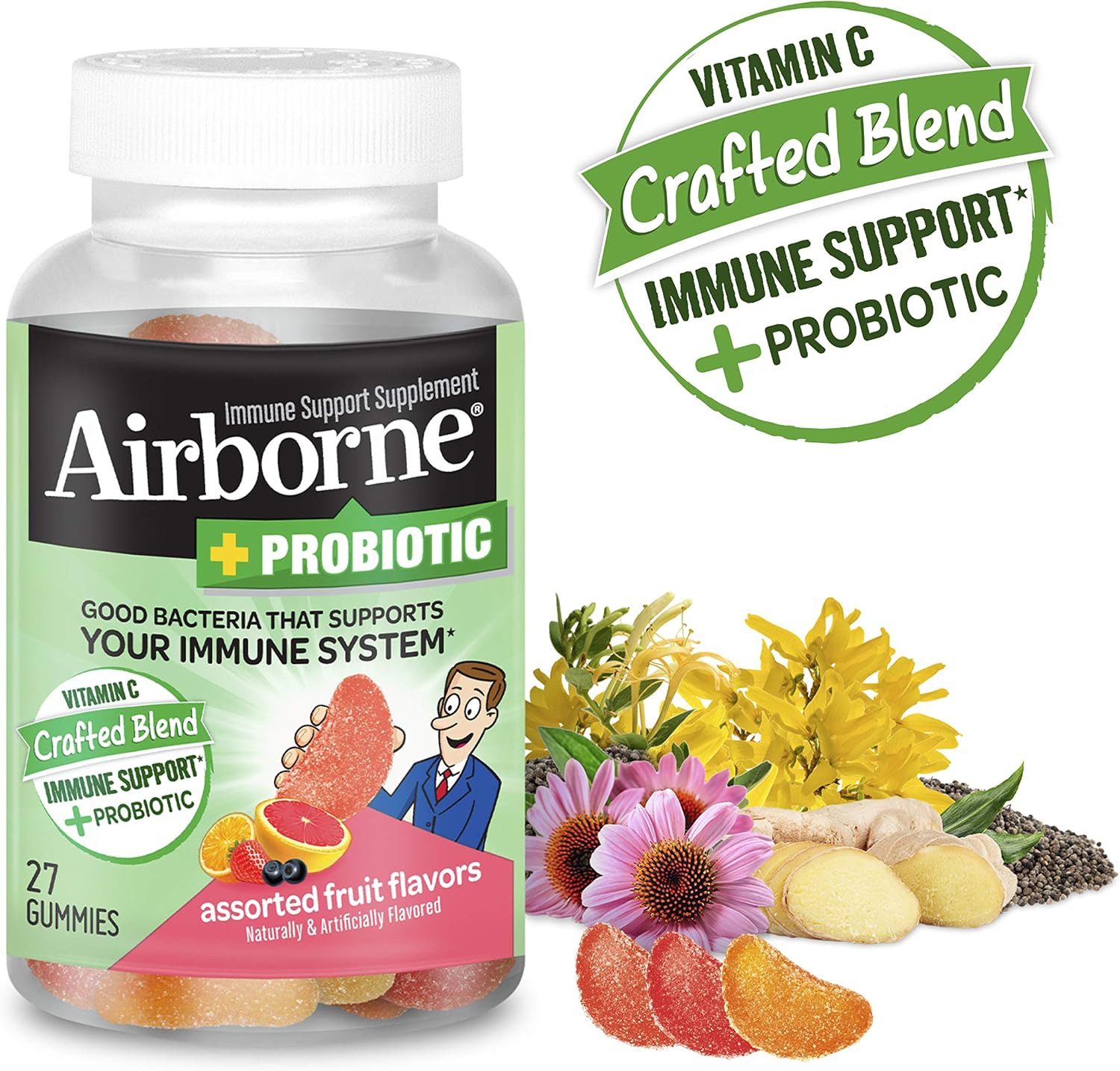 Airborne Vitamin C 750mg (per serving) - Plus Probiotic Gummies (27 count in a bottle), Gluten-Free Immune Support Supplement With Vitamins A C E, Selenium, Echinacea, Ginger, Antioxidants