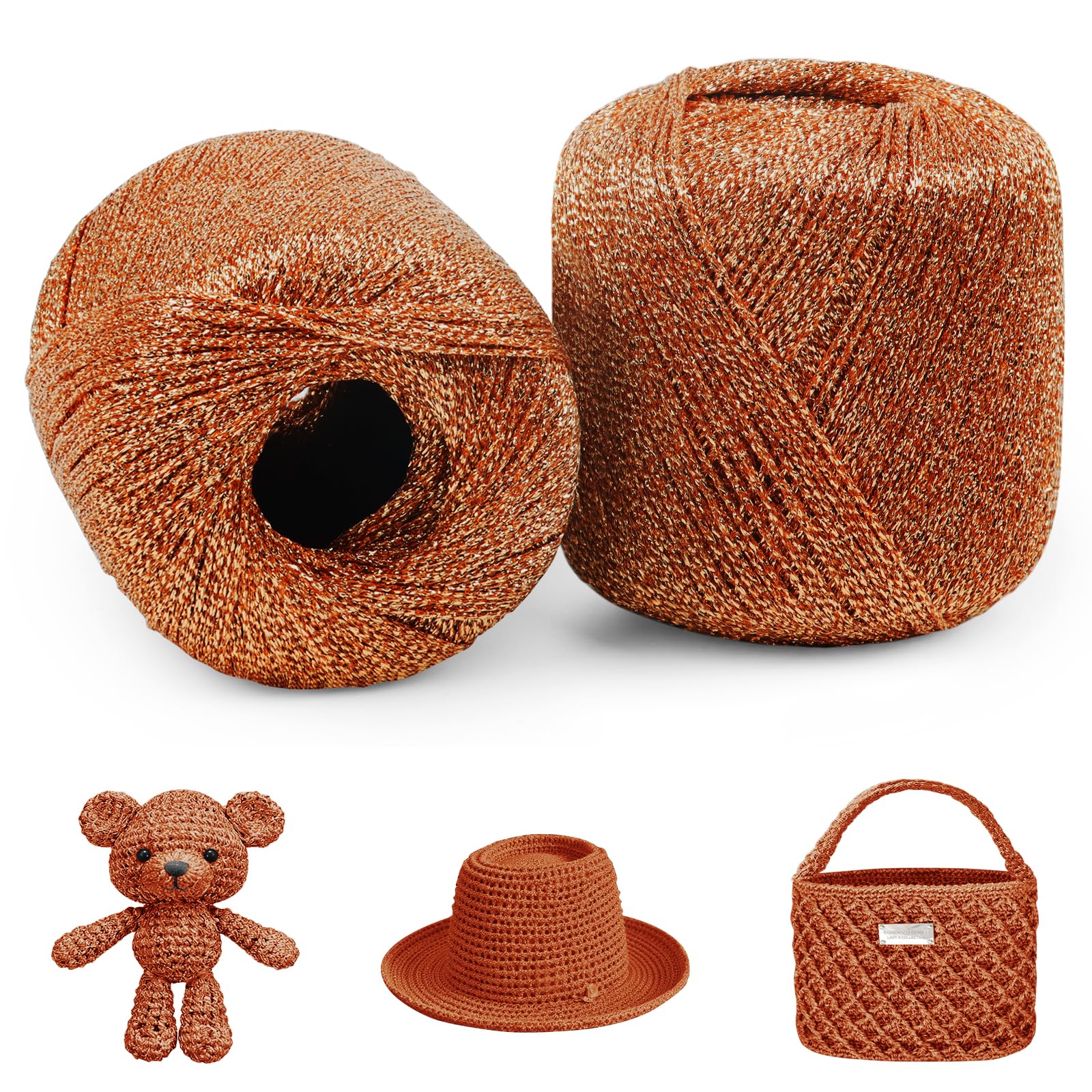 Uiopa 2 Pack Bronze Glitter Yarn 2mm x 120m Sparkle Crochet Macrame Yarn Metallic Polyester Cord for Bags, Baskets, Hats, Amigurumi, Home Decor, DIY Crafts
