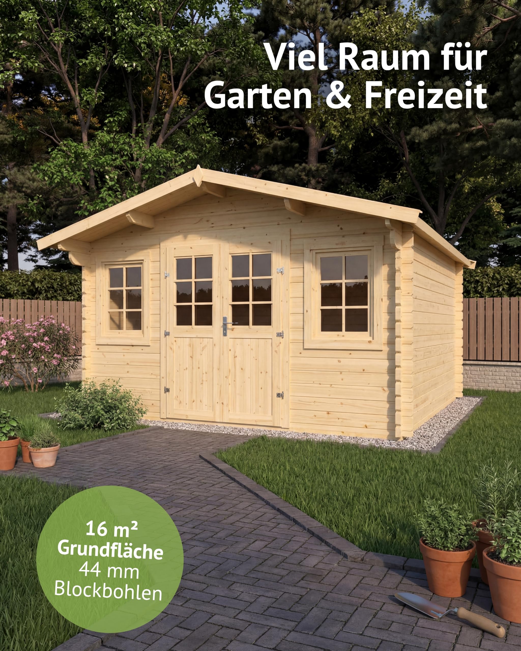 Steiner Shopping Gartenhaus Wiesencharme 01 I 44 mm Blockbohlenhaus aus naturbelassenem Holz I Außenmaß 400 x 440 cm I Großzügiges Gartenhaus mit Satteldach, Doppeltür & 2 Fenstern
