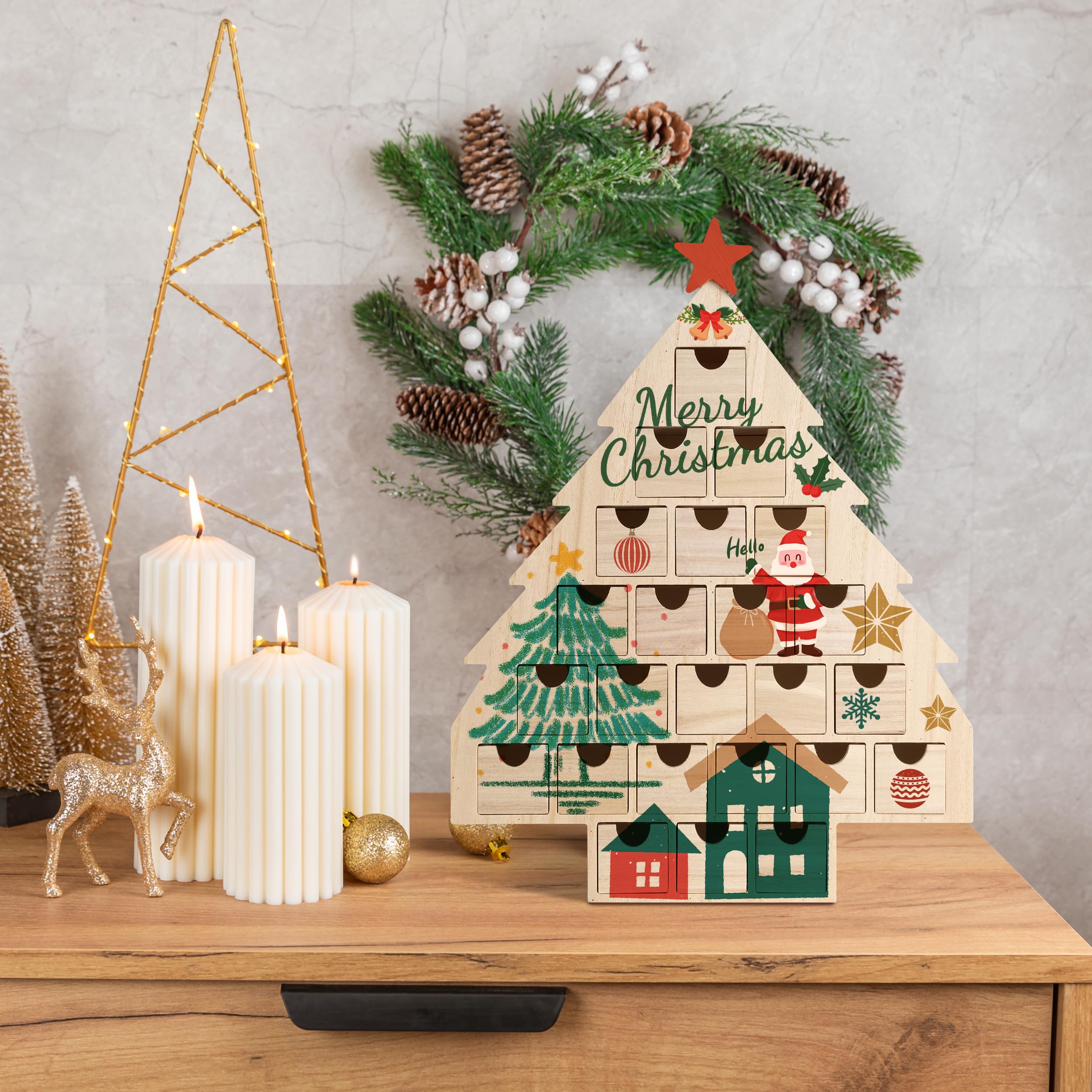 Sunlit Weihnachts-Adventskalender aus Holz mit Schubladen, unlackiertes Holz, Countdown-Kalender in Weihnachtsbaumform, fertig zum Dekorieren und Personalisieren, Bastelaufbewahrungsbox, DIY Guru und